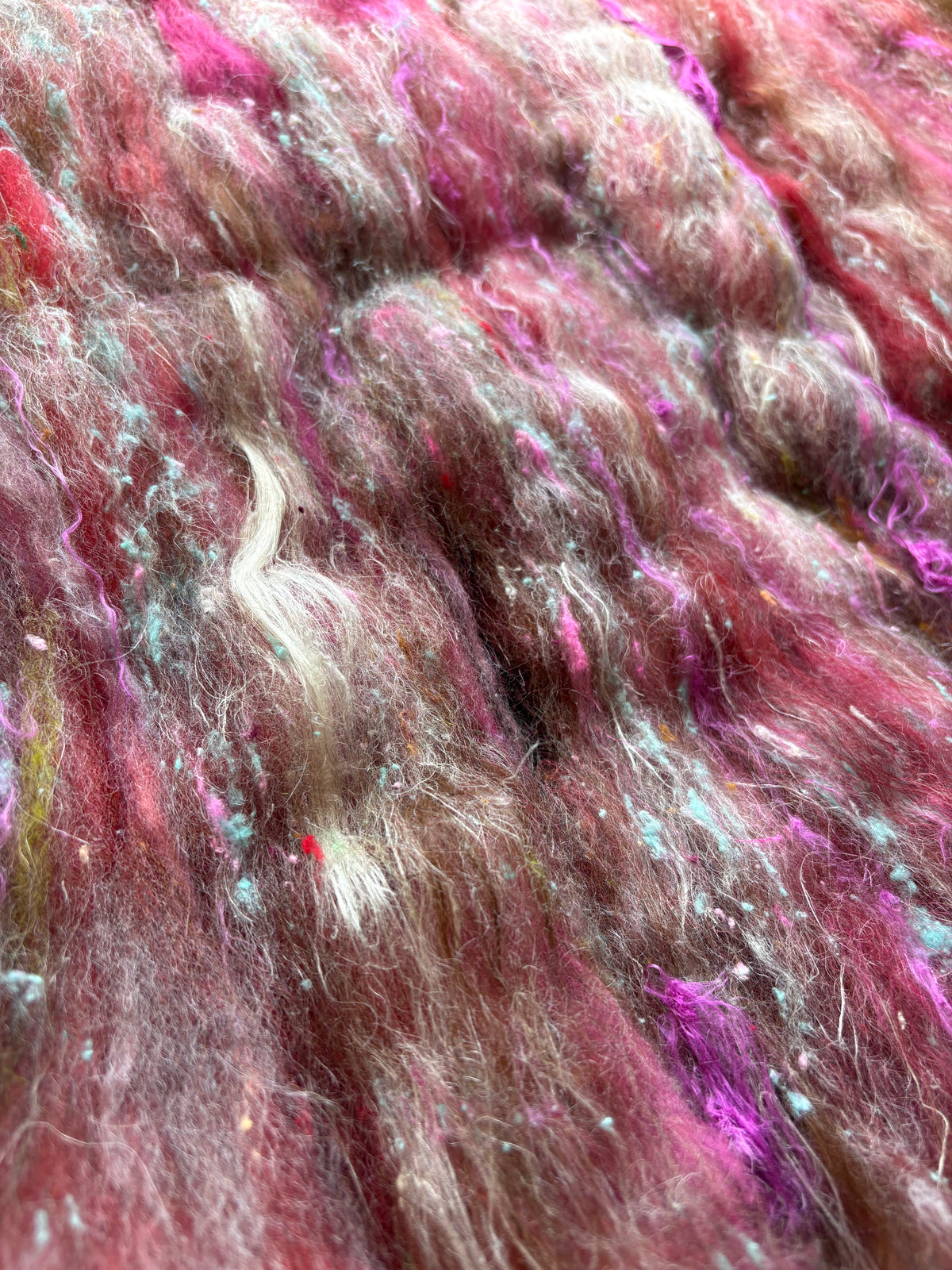 3oz chunky scrappy fiber art batt, alpaca wool sari silk waste mohair suri alpaca flax/hemp. multi colored