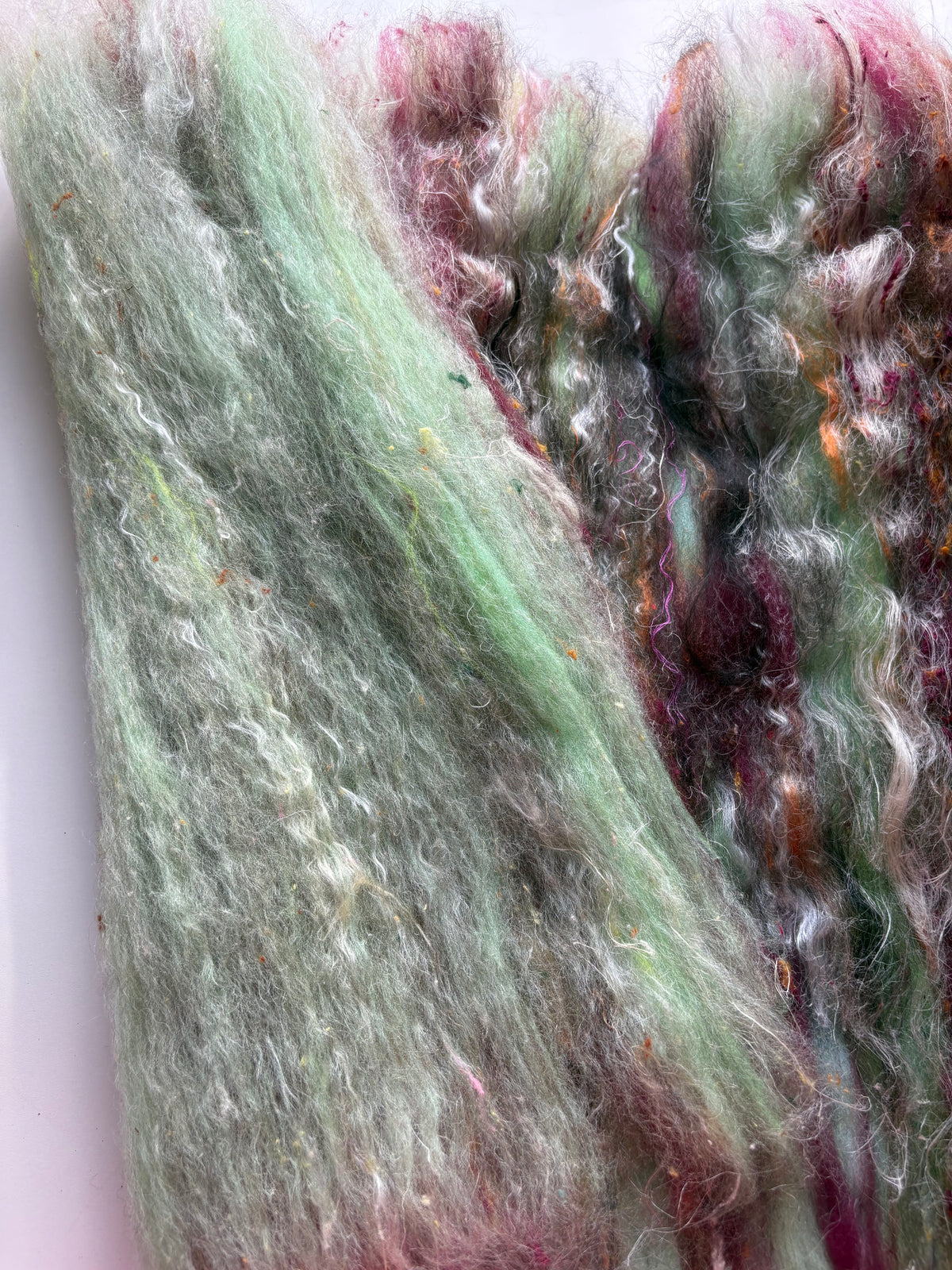 3.40oz chunky scrappy fiber art batt, alpaca wool sari silk waste mohair suri alpaca flax. multi colored