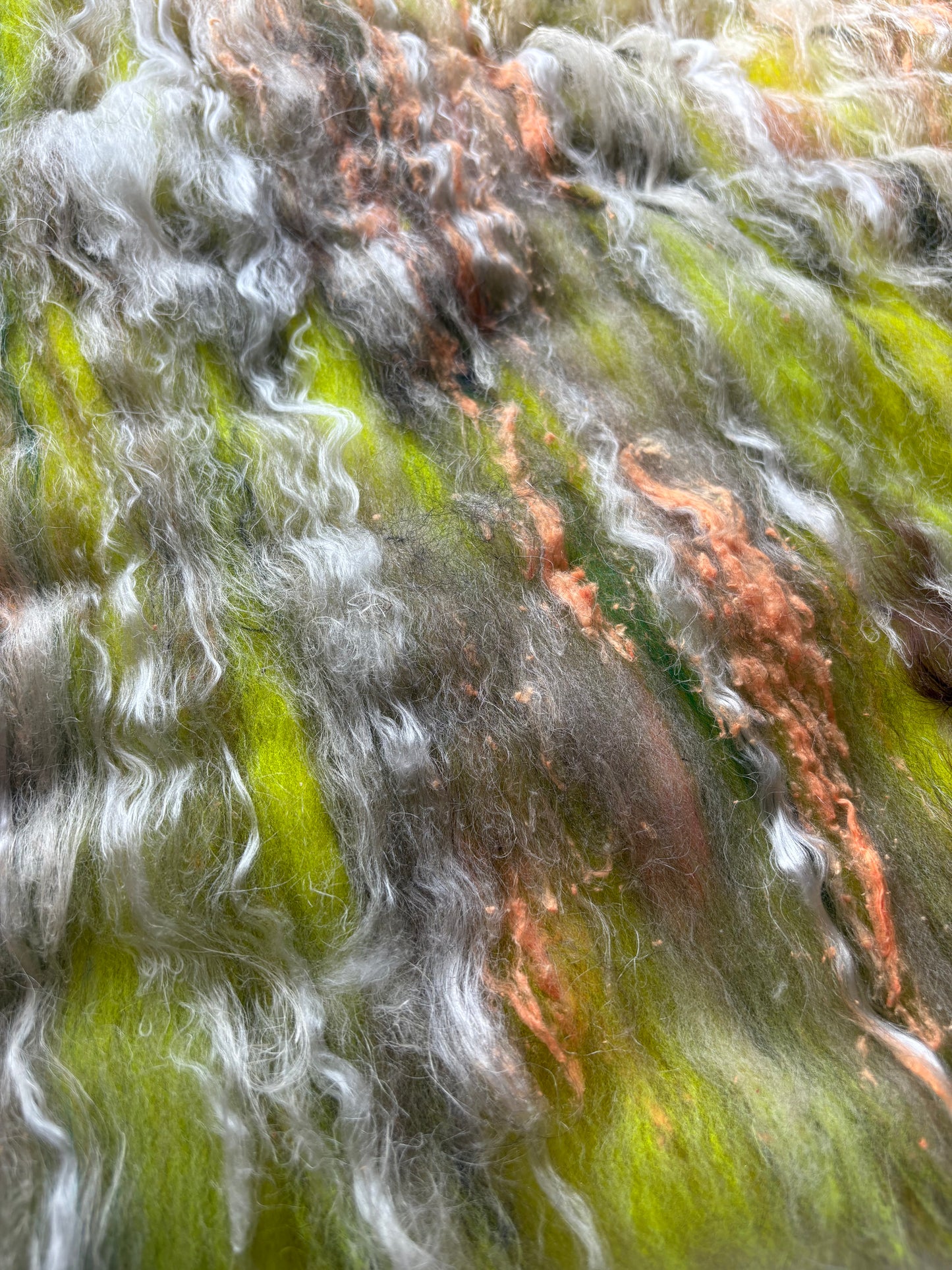 3oz chunky scrappy fiber art batt, alpaca wool sari silk waste mohair suri alpaca flax/hemp. multi colored