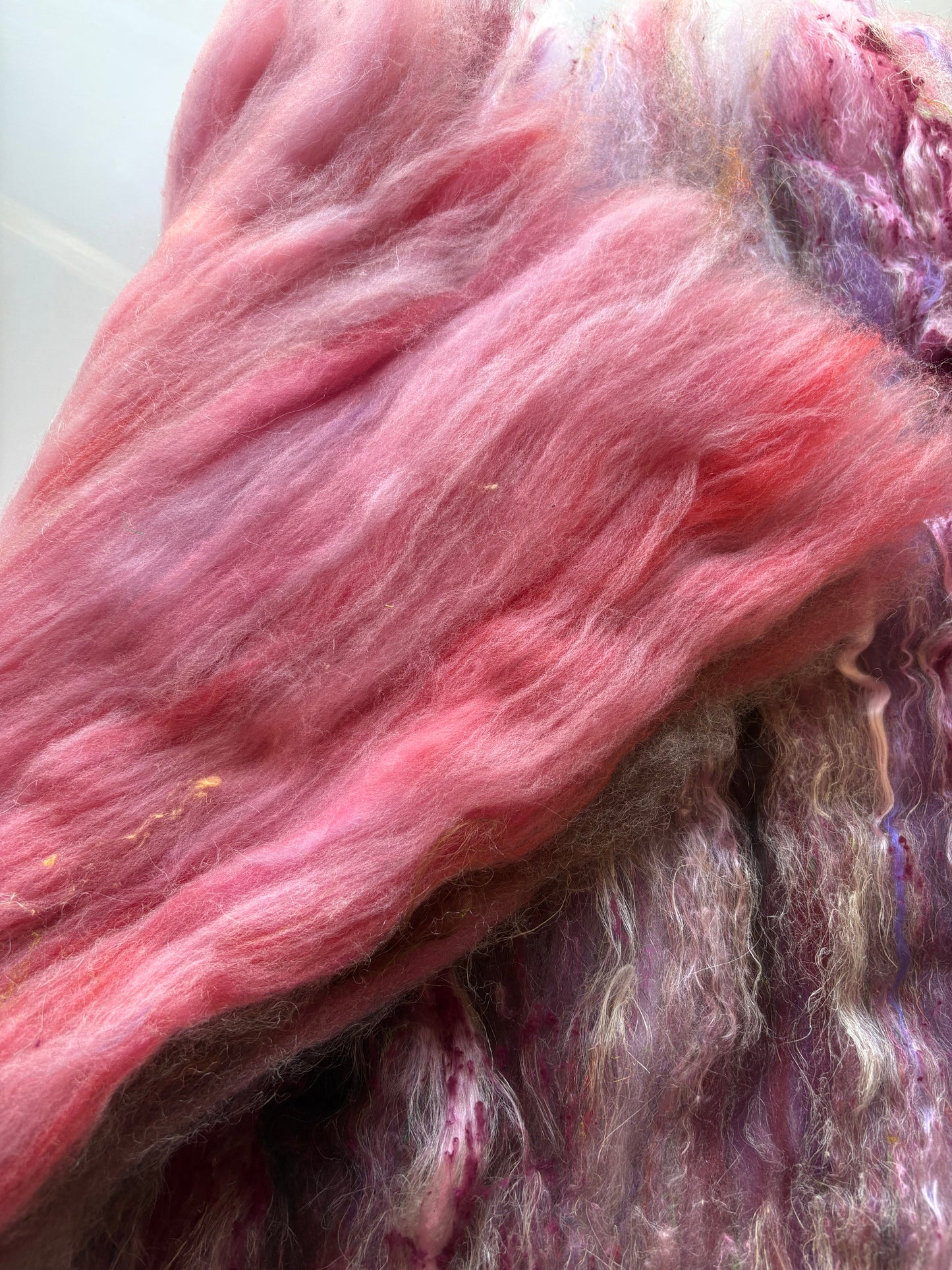3oz chunky scrappy fiber art batt, alpaca wool sari silk waste mohair suri alpaca flax/hemp. multi colored