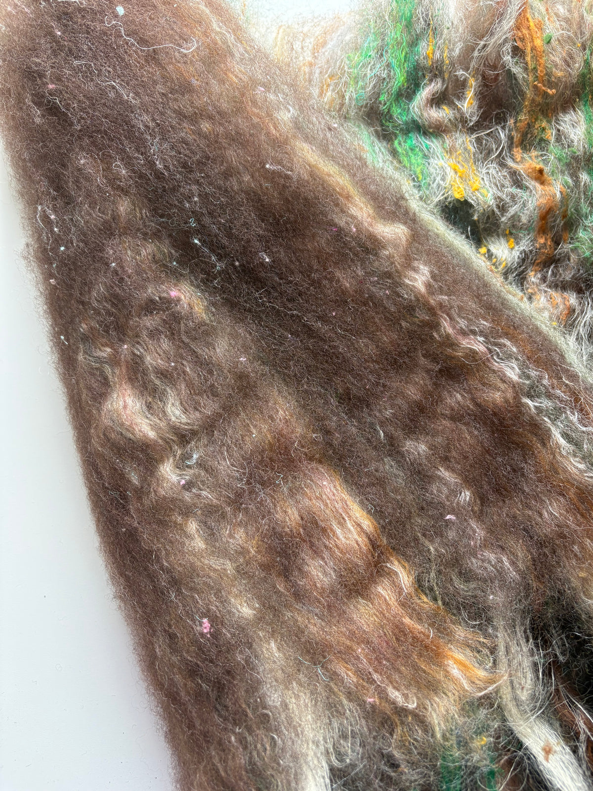 3oz chunky scrappy fiber art batt, alpaca wool sari silk waste mohair suri alpaca flax/hemp. multi colored
