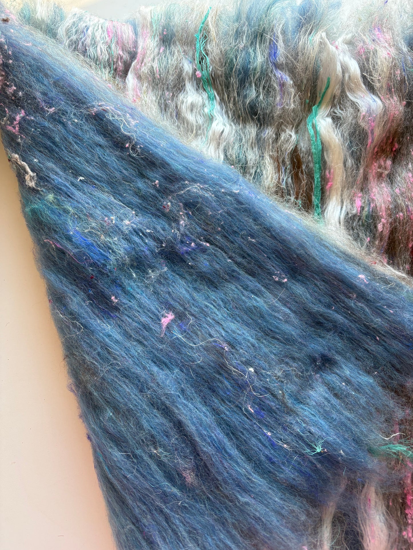 3.30oz chunky scrappy fiber art batt, alpaca wool sari silk waste mohair suri alpaca flax/hemp. multi colored
