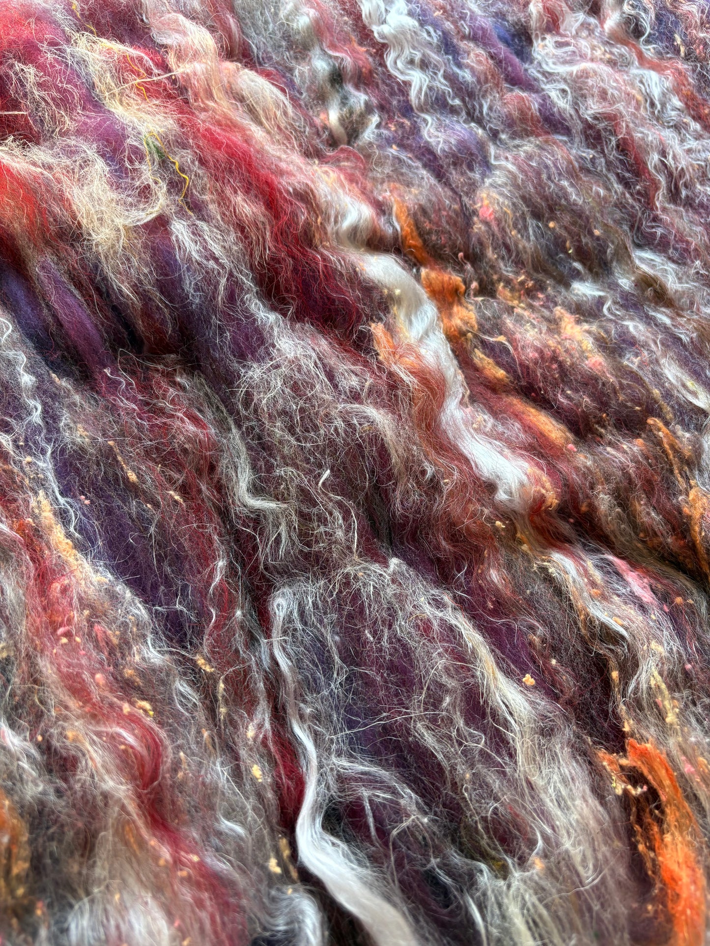 3oz chunky scrappy fiber art batt, alpaca wool sari silk waste mohair suri alpaca flax/hemp. multi colored