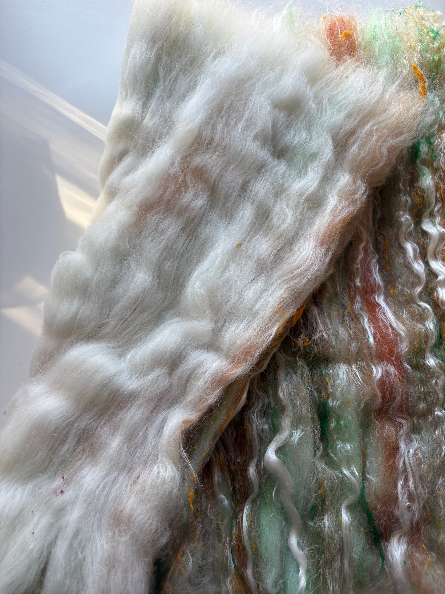 3oz chunky scrappy fiber art batt, alpaca wool sari silk waste mohair suri alpaca flax/hemp. multi colored