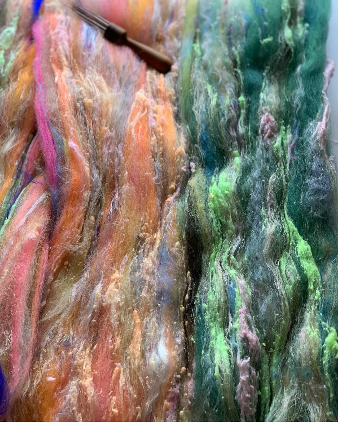 Mystery batt! 3oz chunky scrappy fiber art batt, alpaca wool sari silk waste mohair suri alpaca flax. multi colored