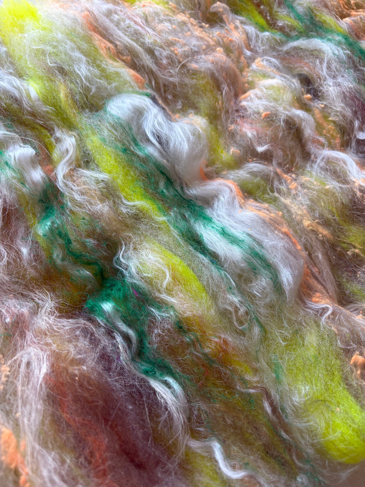 3oz chunky scrappy fiber art batt, alpaca wool sari silk waste mohair suri alpaca flax/hemp. multi colored
