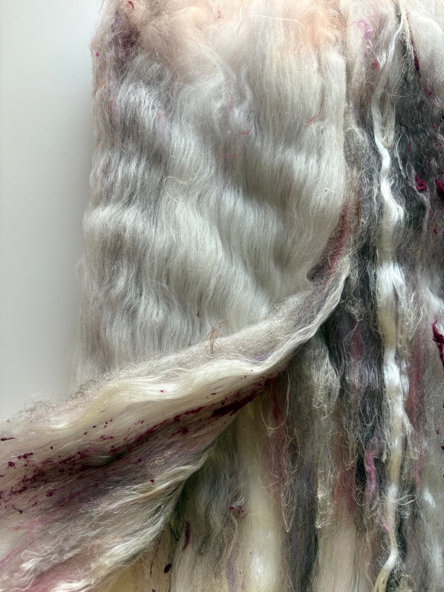 3oz chunky scrappy fiber art batt, alpaca wool sari silk waste mohair suri alpaca flax/hemp. multi colored