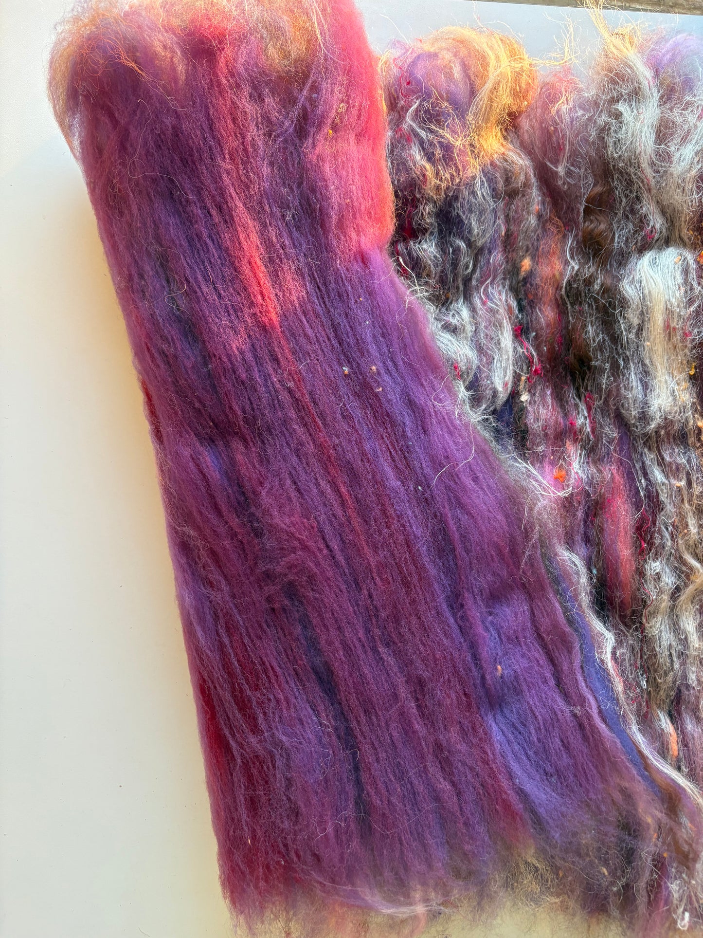 3oz chunky scrappy fiber art batt, alpaca wool sari silk waste mohair suri alpaca flax/hemp. multi colored