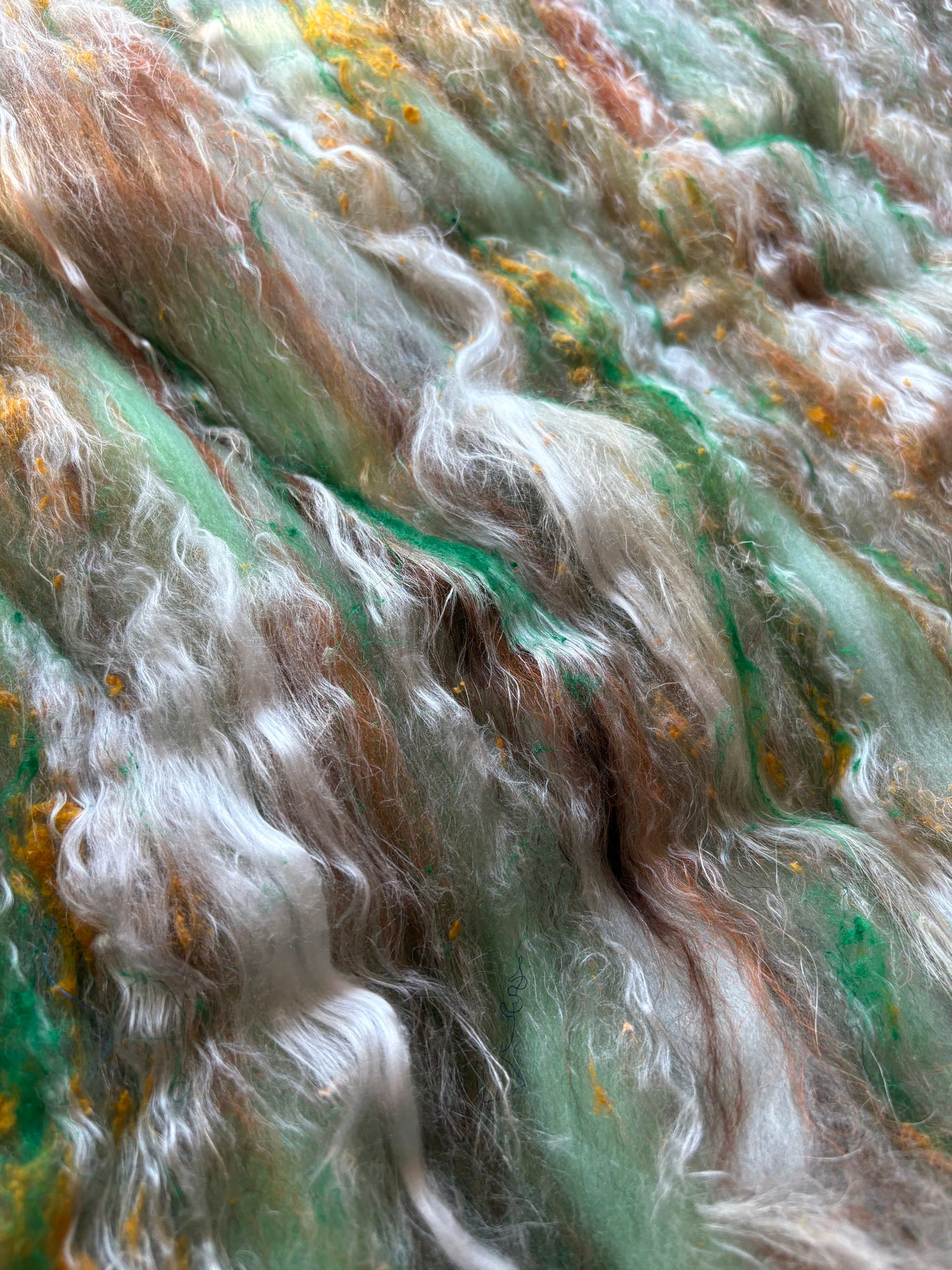 3oz chunky scrappy fiber art batt, alpaca wool sari silk waste mohair suri alpaca flax/hemp. multi colored