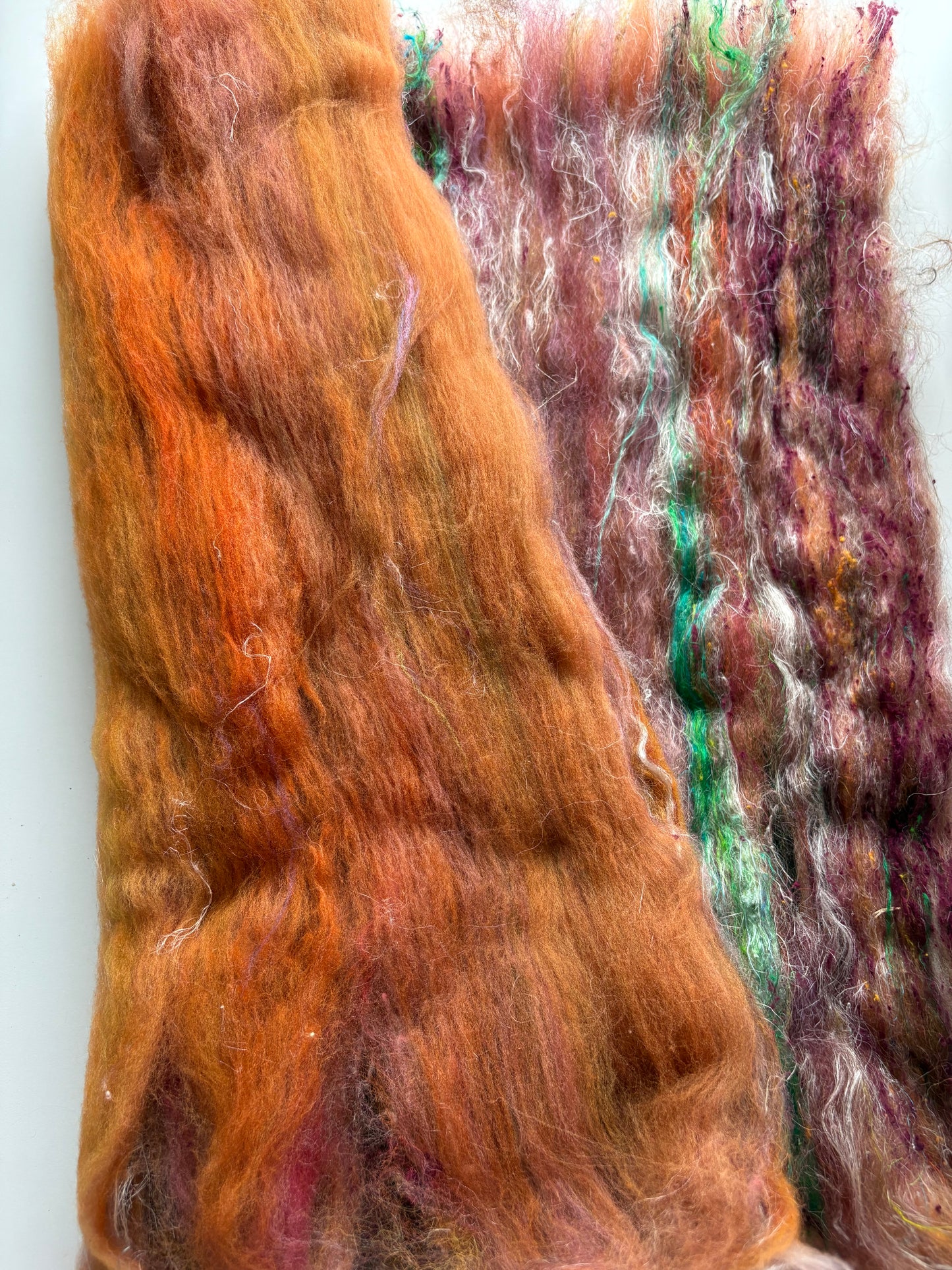 3.60 chunky scrappy fiber art batt, alpaca wool sari silk waste mohair suri alpaca flax hemp bamboo. multi colored
