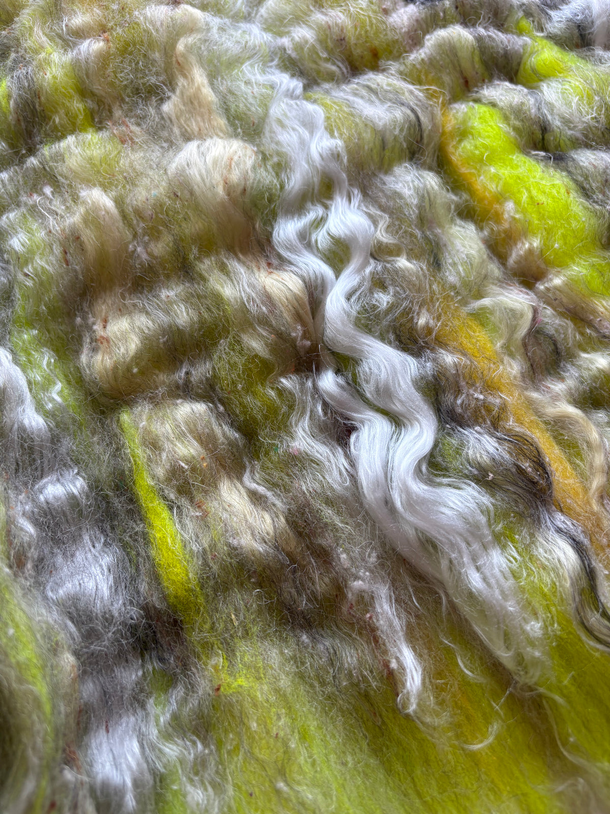 3oz chunky scrappy fiber art batt, alpaca wool sari silk waste mohair suri alpaca flax/hemp. multi colored