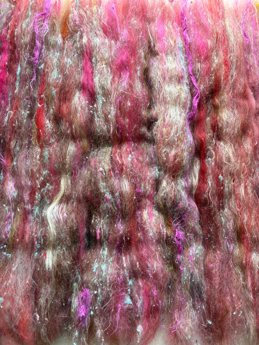 3oz chunky scrappy fiber art batt, alpaca wool sari silk waste mohair suri alpaca flax/hemp. multi colored