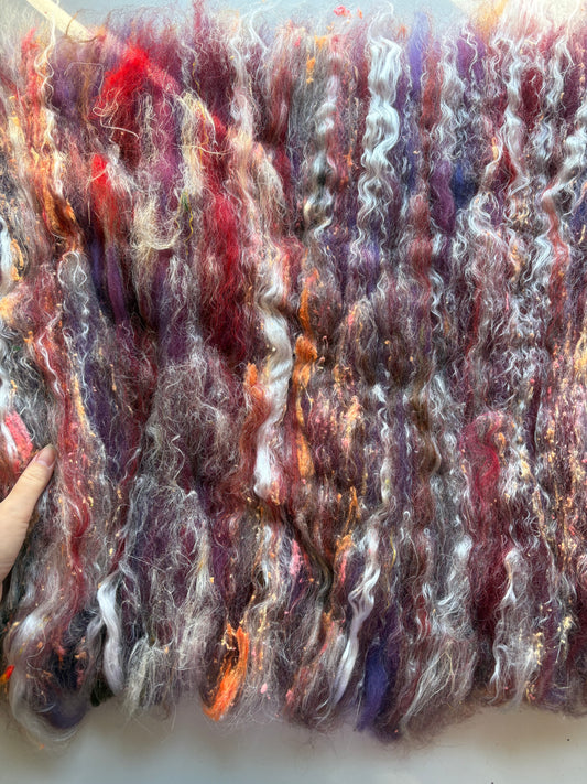 3oz chunky scrappy fiber art batt, alpaca wool sari silk waste mohair suri alpaca flax/hemp. multi colored