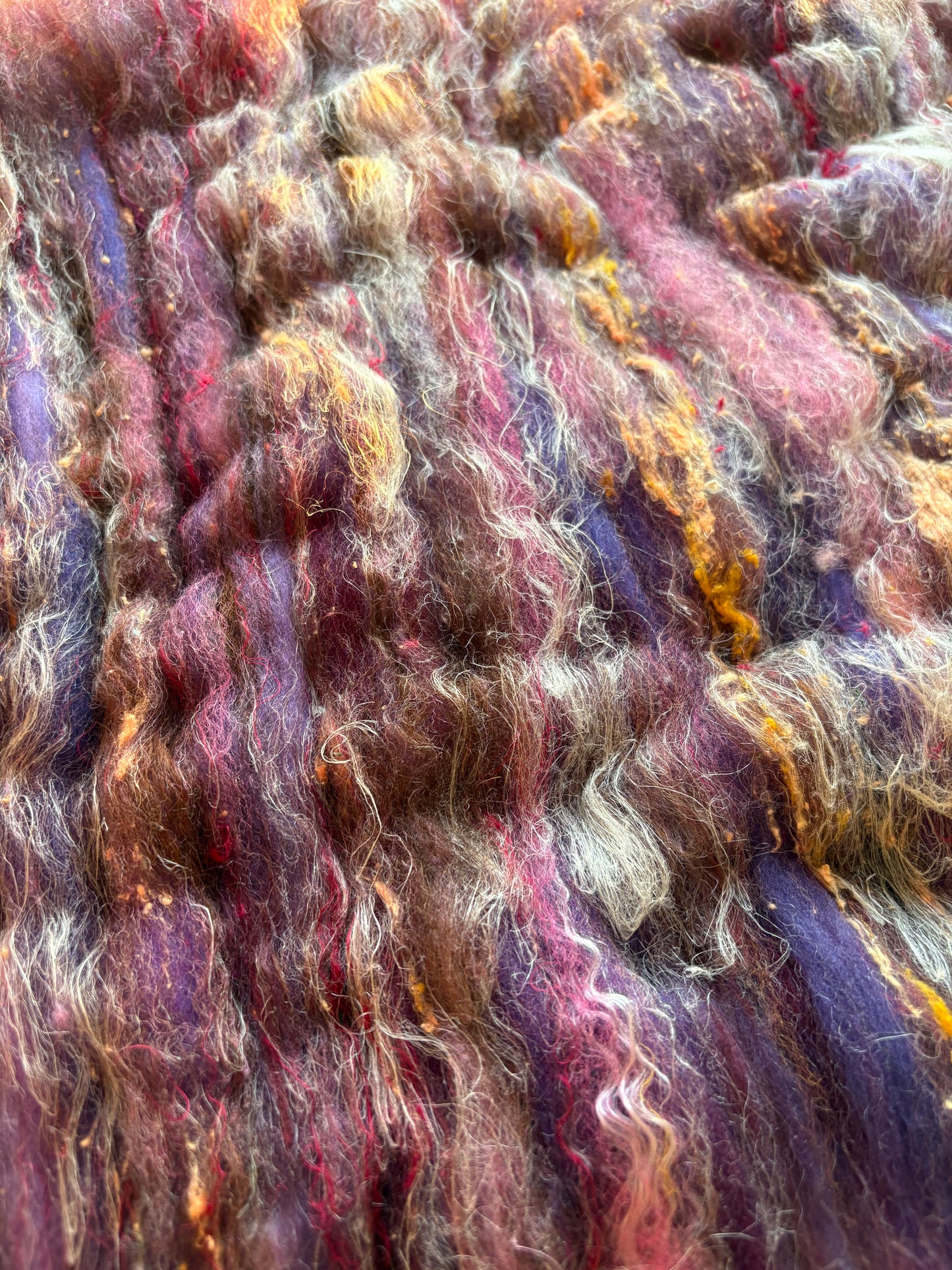 3oz chunky scrappy fiber art batt, alpaca wool sari silk waste mohair suri alpaca flax/hemp. multi colored