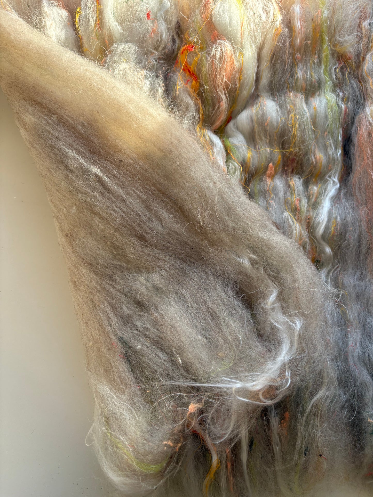 3oz chunky scrappy fiber art batt, alpaca wool sari silk waste mohair suri alpaca flax/hemp. multi colored