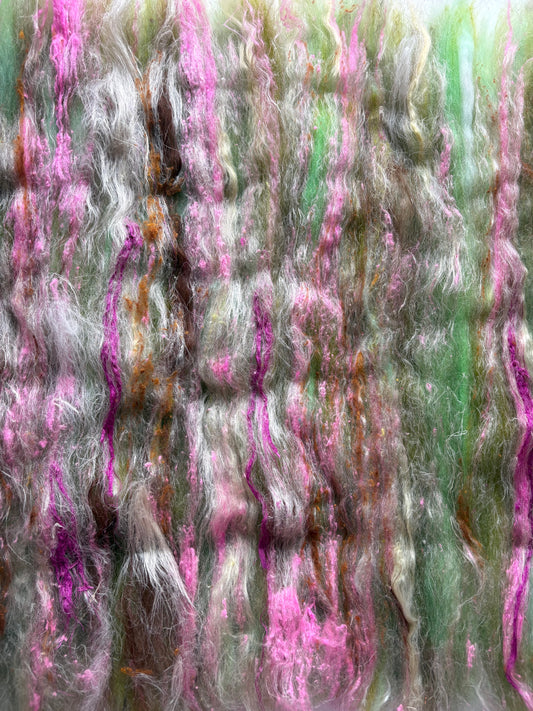 3.20oz chunky scrappy fiber art batt, alpaca wool sari silk waste mohair suri alpaca flax/hemp. multi colored