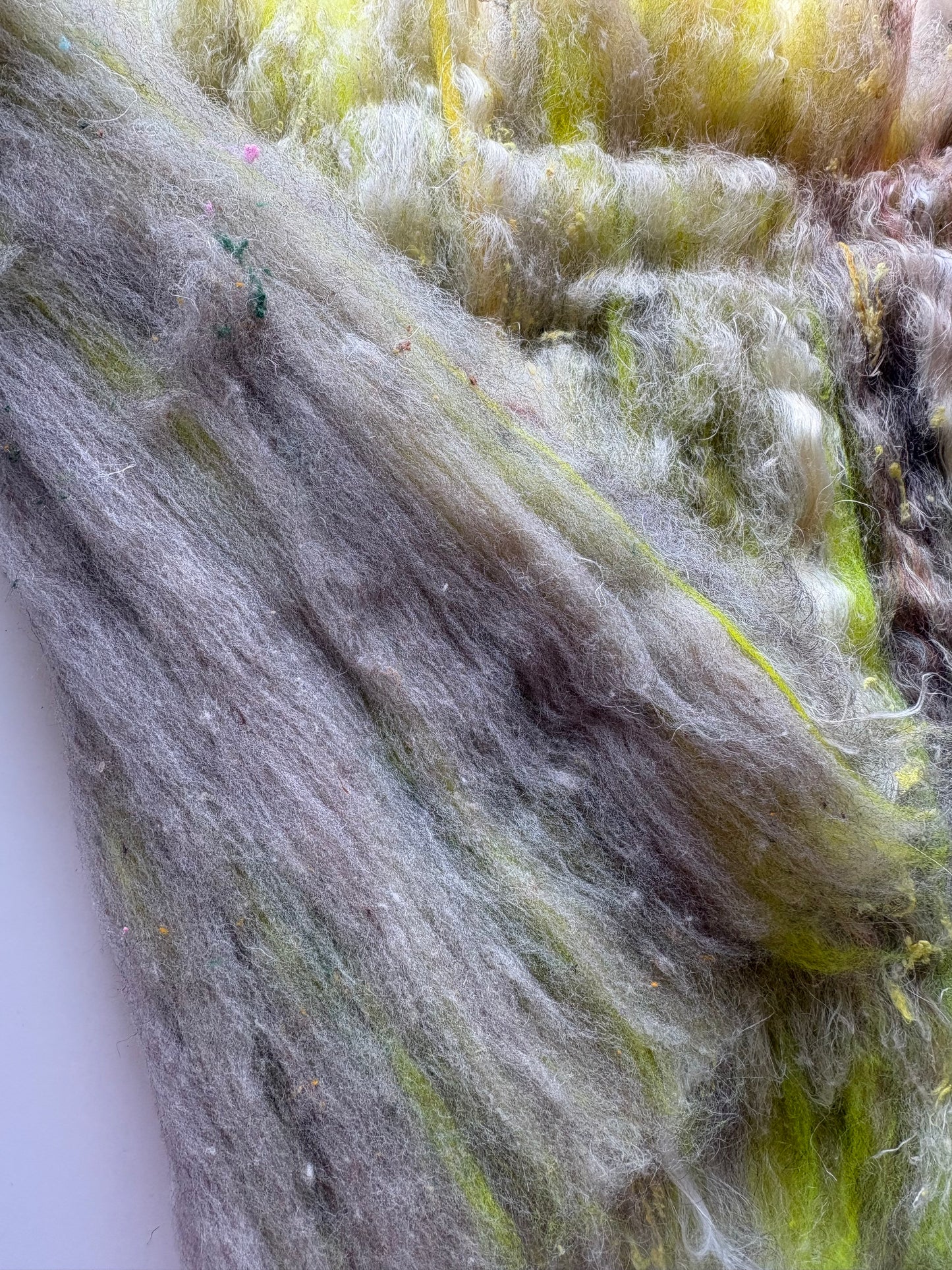 3.40oz chunky scrappy fiber art batt, alpaca wool sari silk waste mohair suri alpaca flax. multi colored