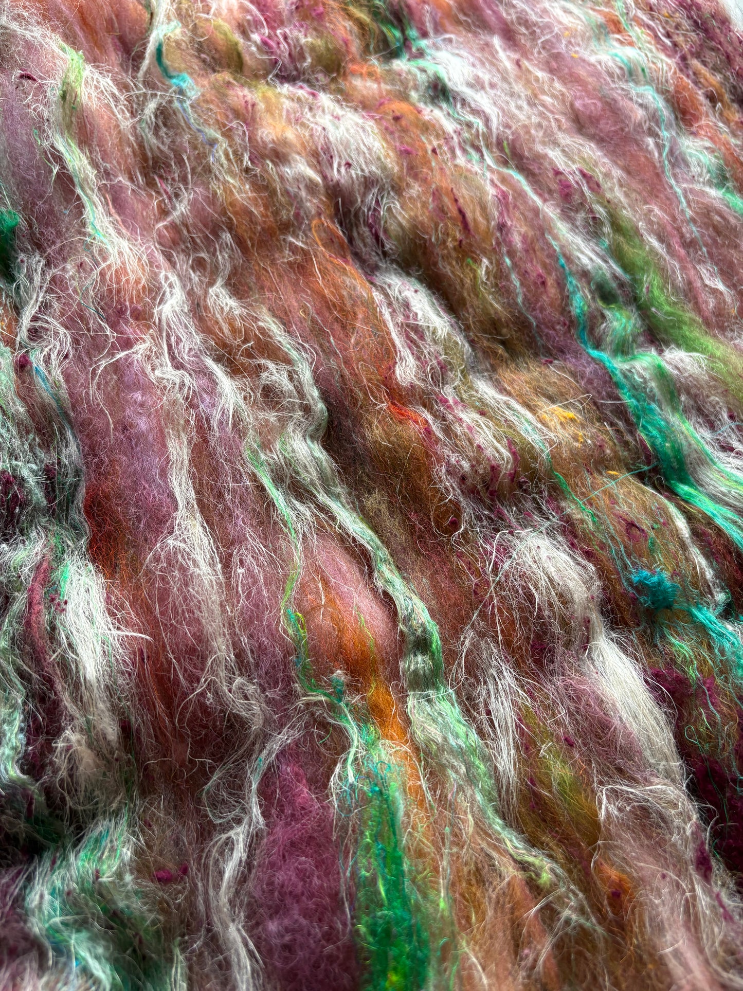 3.60 chunky scrappy fiber art batt, alpaca wool sari silk waste mohair suri alpaca flax hemp bamboo. multi colored