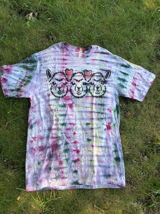 Spray painted alpaca T-Shirt. Men’s X-LARGE. 100% cotton. Stencil design. One-of-a kind tie dye