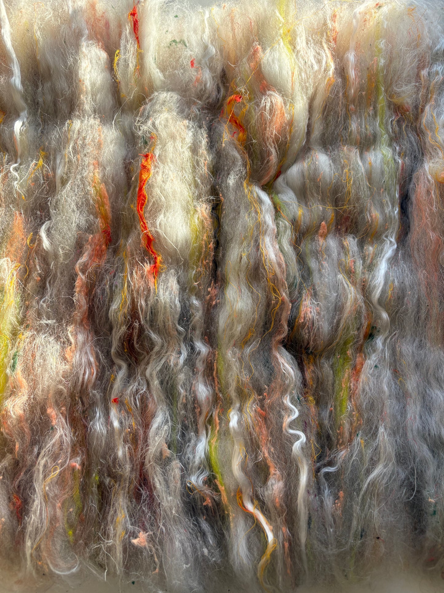 3oz chunky scrappy fiber art batt, alpaca wool sari silk waste mohair suri alpaca flax/hemp. multi colored