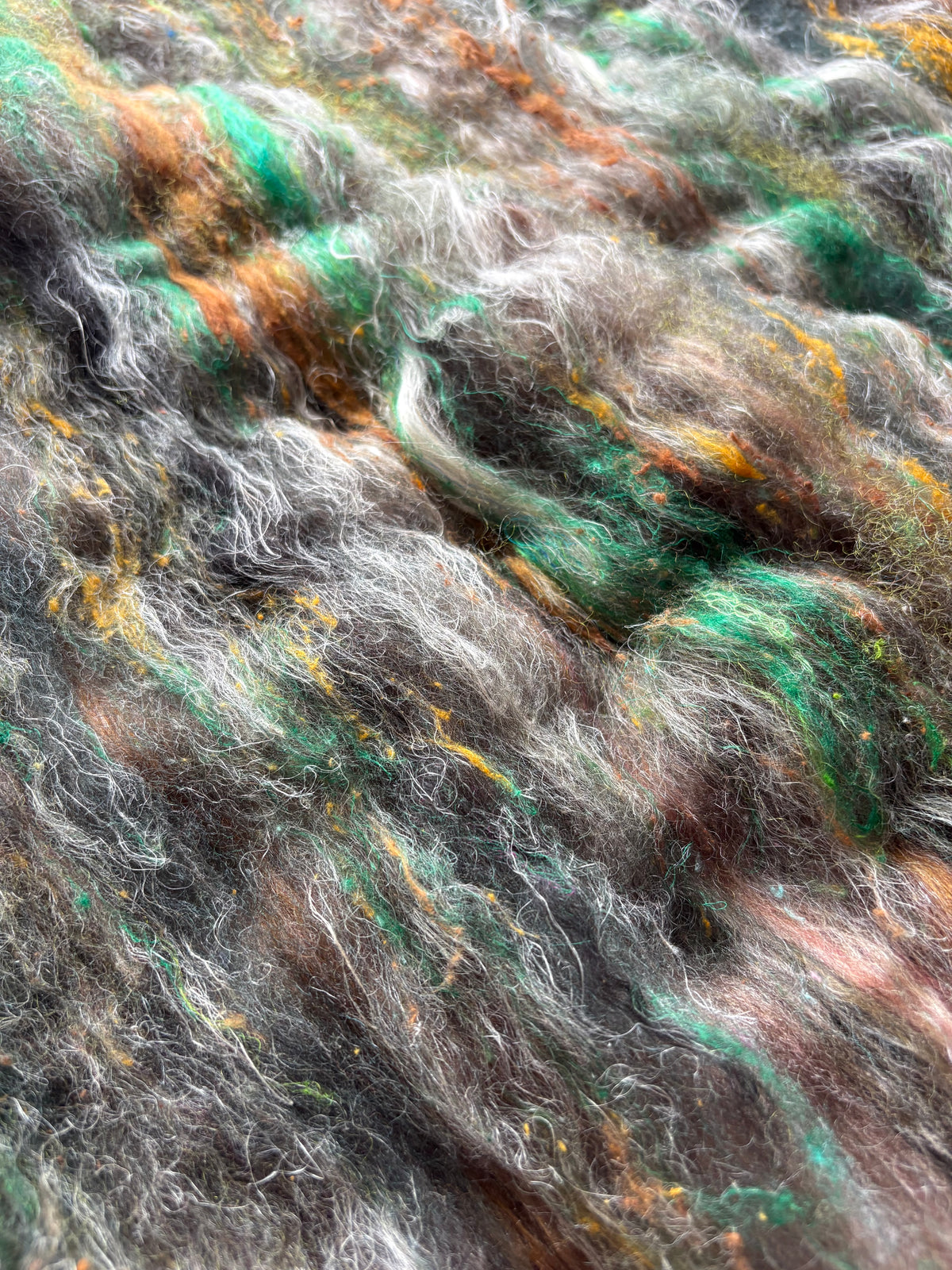 3oz chunky scrappy fiber art batt, alpaca wool sari silk waste mohair suri alpaca flax/hemp. multi colored