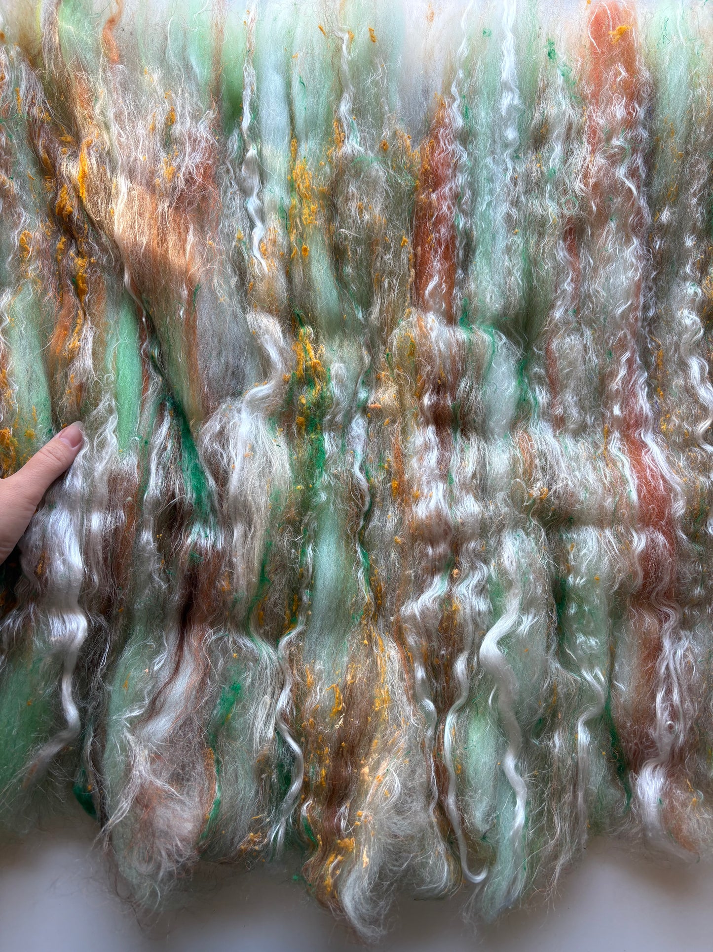 3oz chunky scrappy fiber art batt, alpaca wool sari silk waste mohair suri alpaca flax/hemp. multi colored
