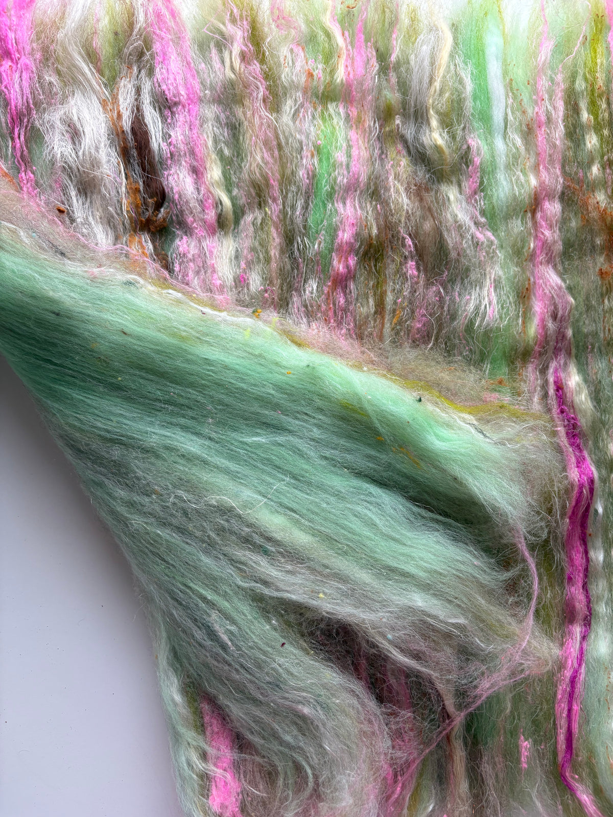 3.20oz chunky scrappy fiber art batt, alpaca wool sari silk waste mohair suri alpaca flax/hemp. multi colored