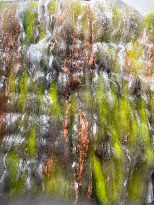 3oz chunky scrappy fiber art batt, alpaca wool sari silk waste mohair suri alpaca flax/hemp. multi colored