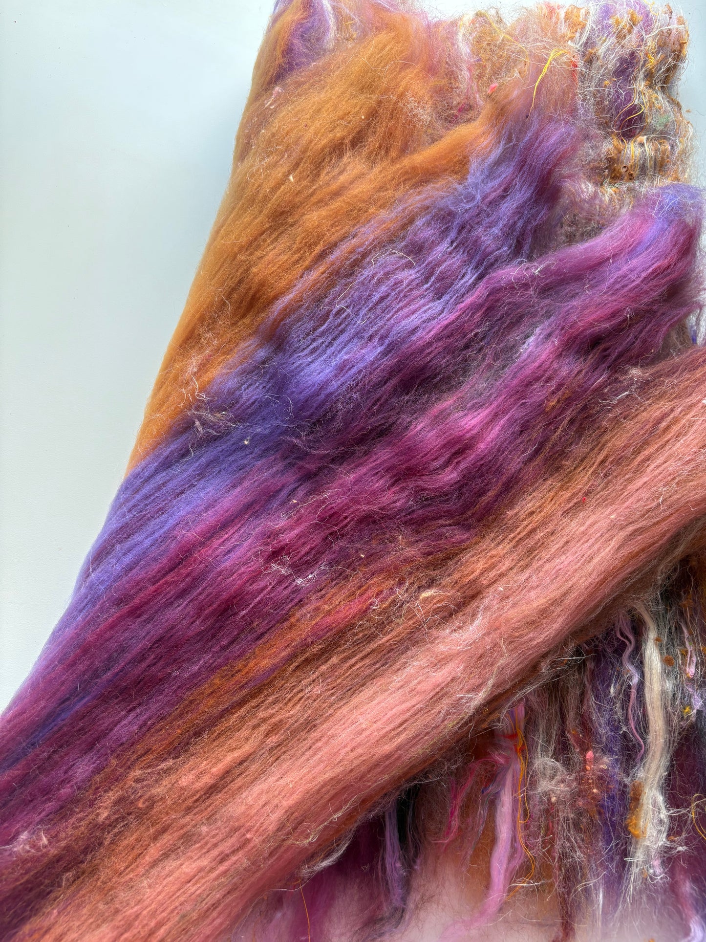 3oz chunky scrappy fiber art batt, alpaca wool sari silk waste mohair suri alpaca flax/hemp. multi colored