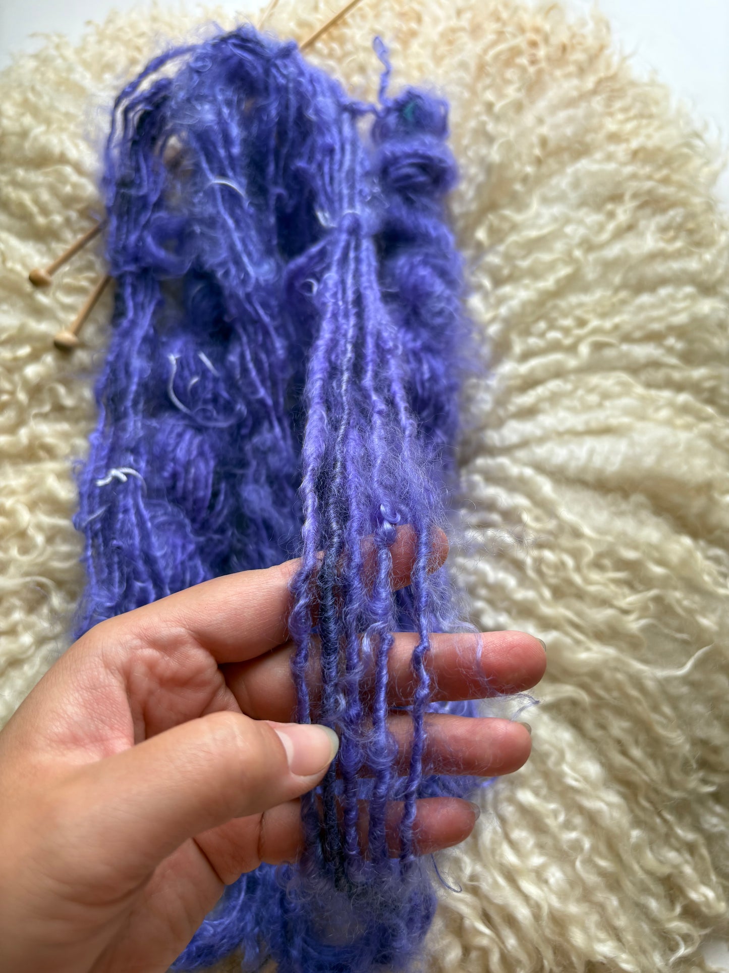 Single ply 100% yearling grade mohair coreless lock spun art yarn. Roughly 1.30oz 20 yards dyed from Castiel and Penelope SOFT