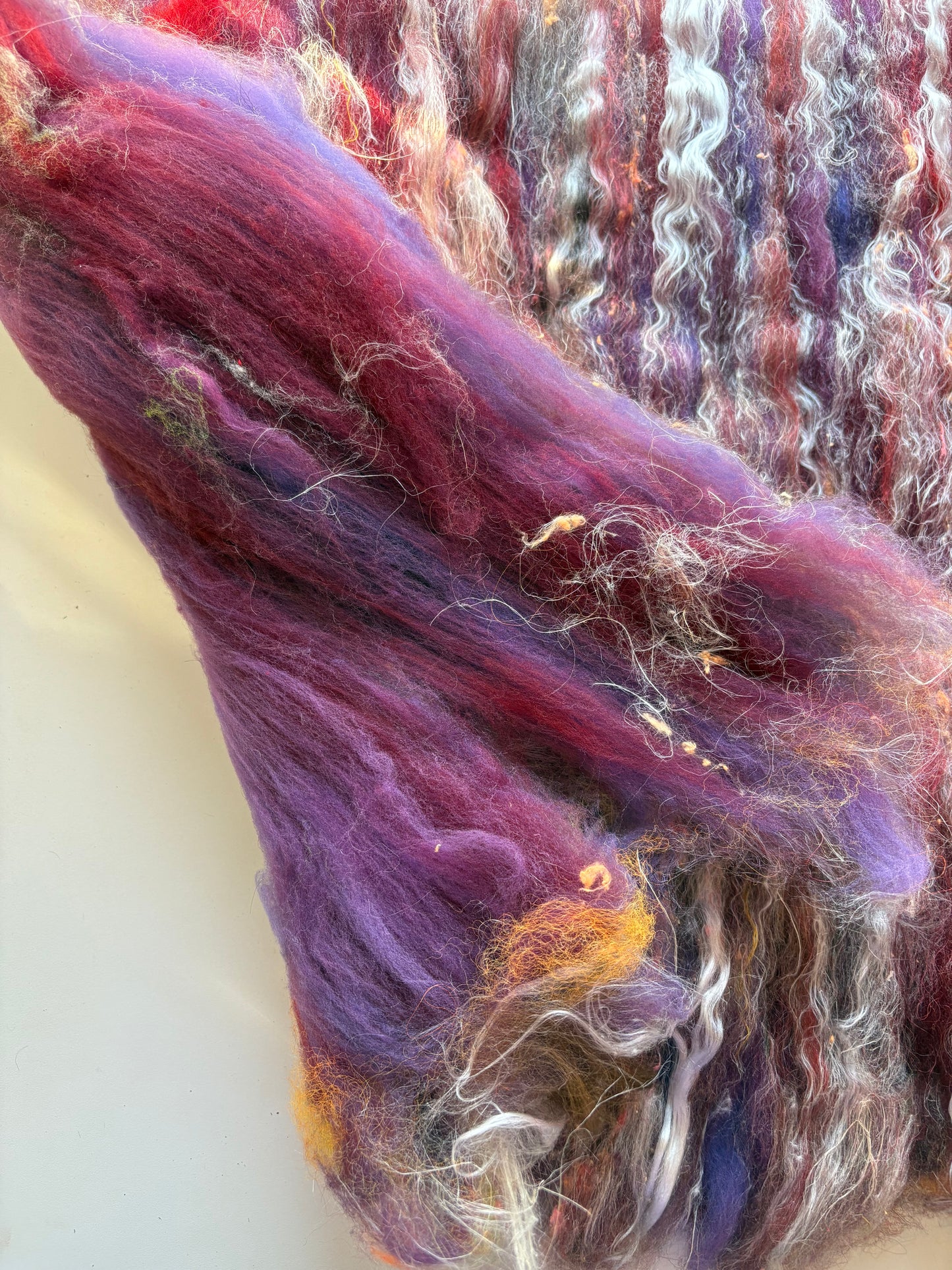 3oz chunky scrappy fiber art batt, alpaca wool sari silk waste mohair suri alpaca flax/hemp. multi colored