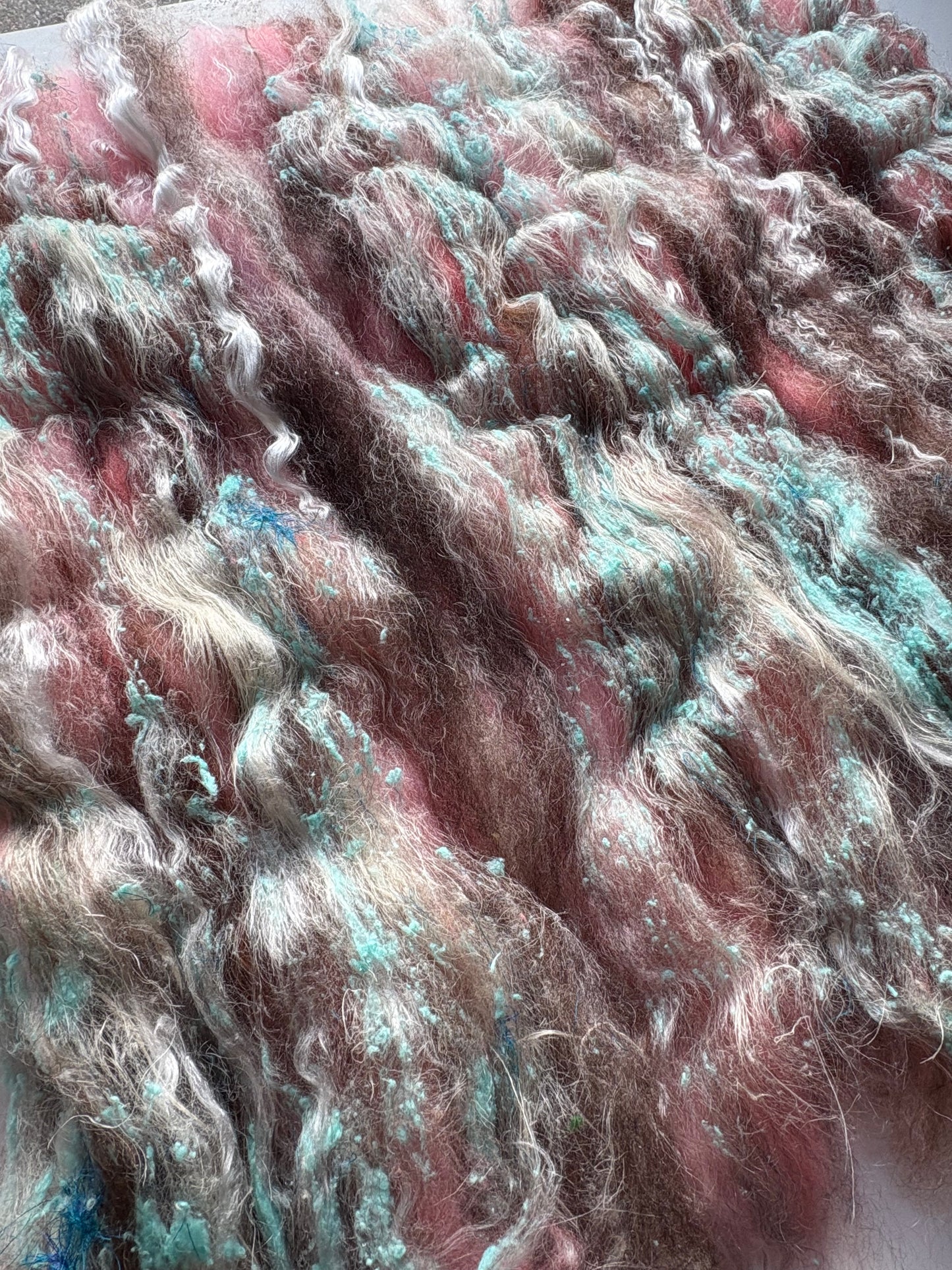 3oz chunky scrappy fiber art batt, alpaca wool sari silk waste mohair suri alpaca flax/hemp. multi colored