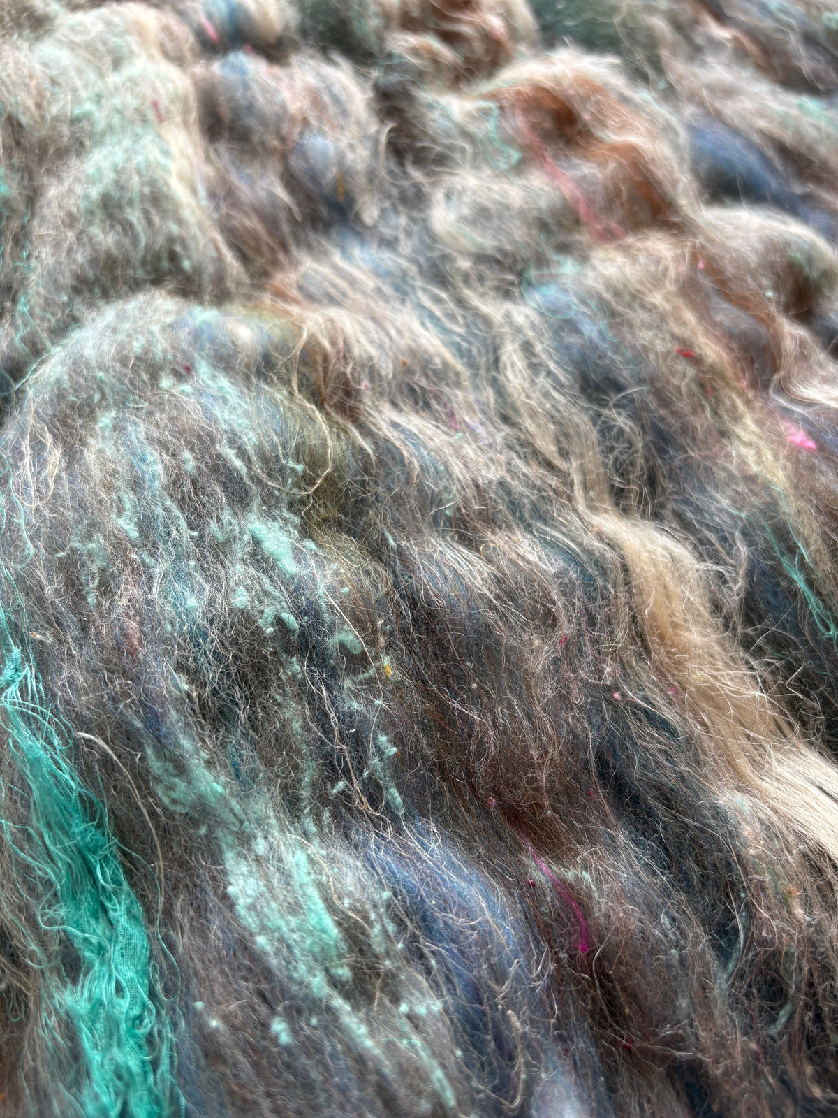 3oz chunky scrappy fiber art batt, alpaca wool sari silk waste mohair suri alpaca flax/hemp. multi colored