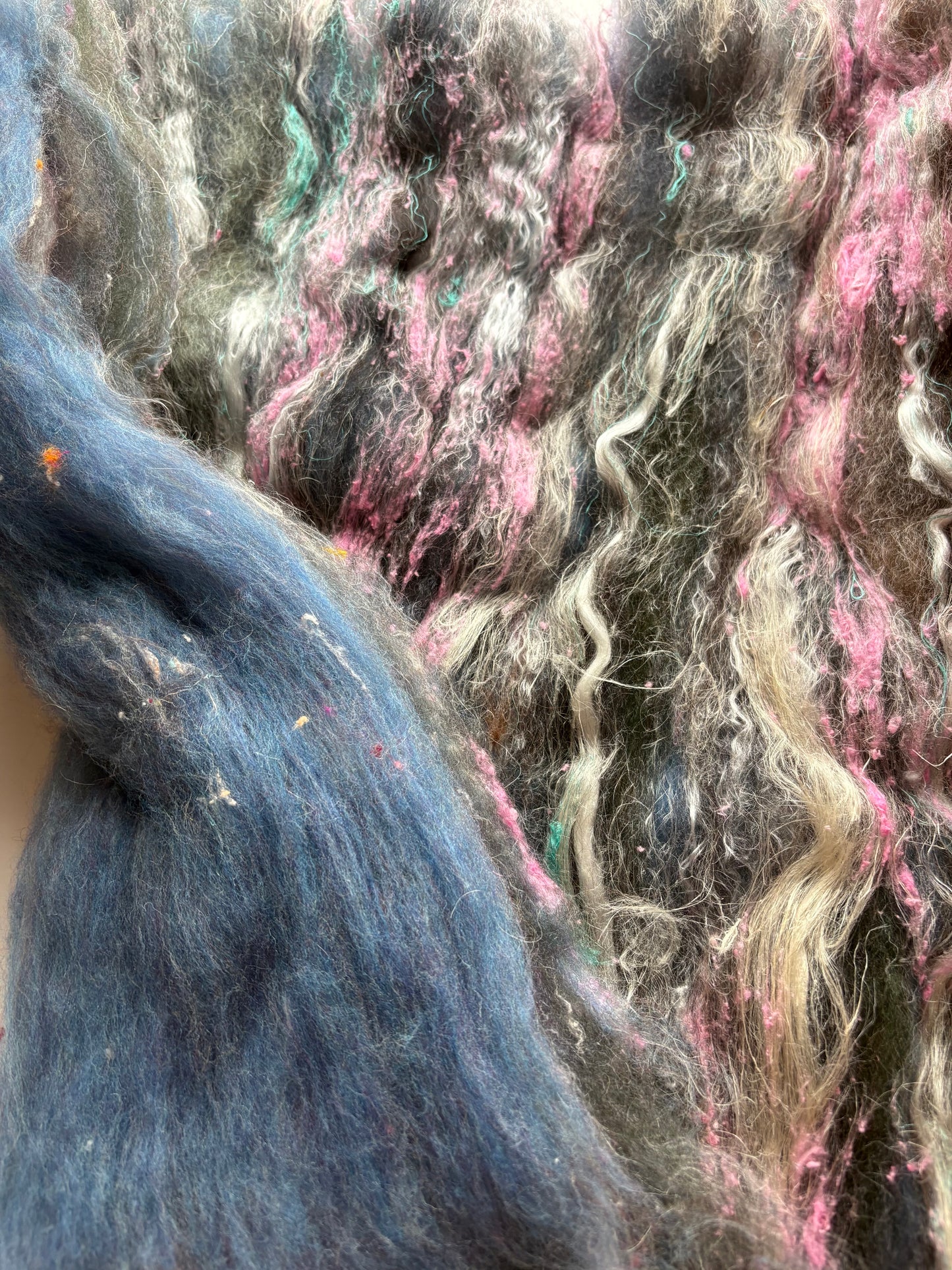 3.30oz chunky scrappy fiber art batt, alpaca wool sari silk waste mohair suri alpaca flax/hemp. multi colored