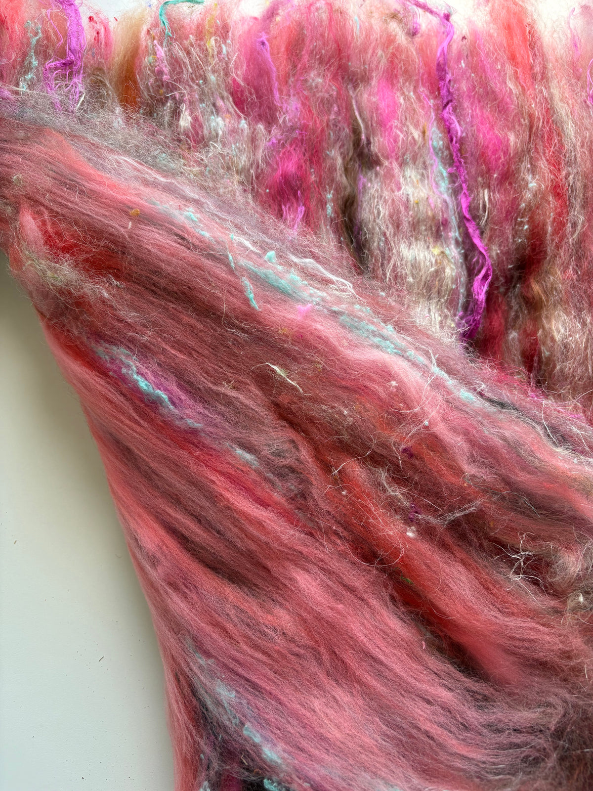 3oz chunky scrappy fiber art batt, alpaca wool sari silk waste mohair suri alpaca flax/hemp. multi colored