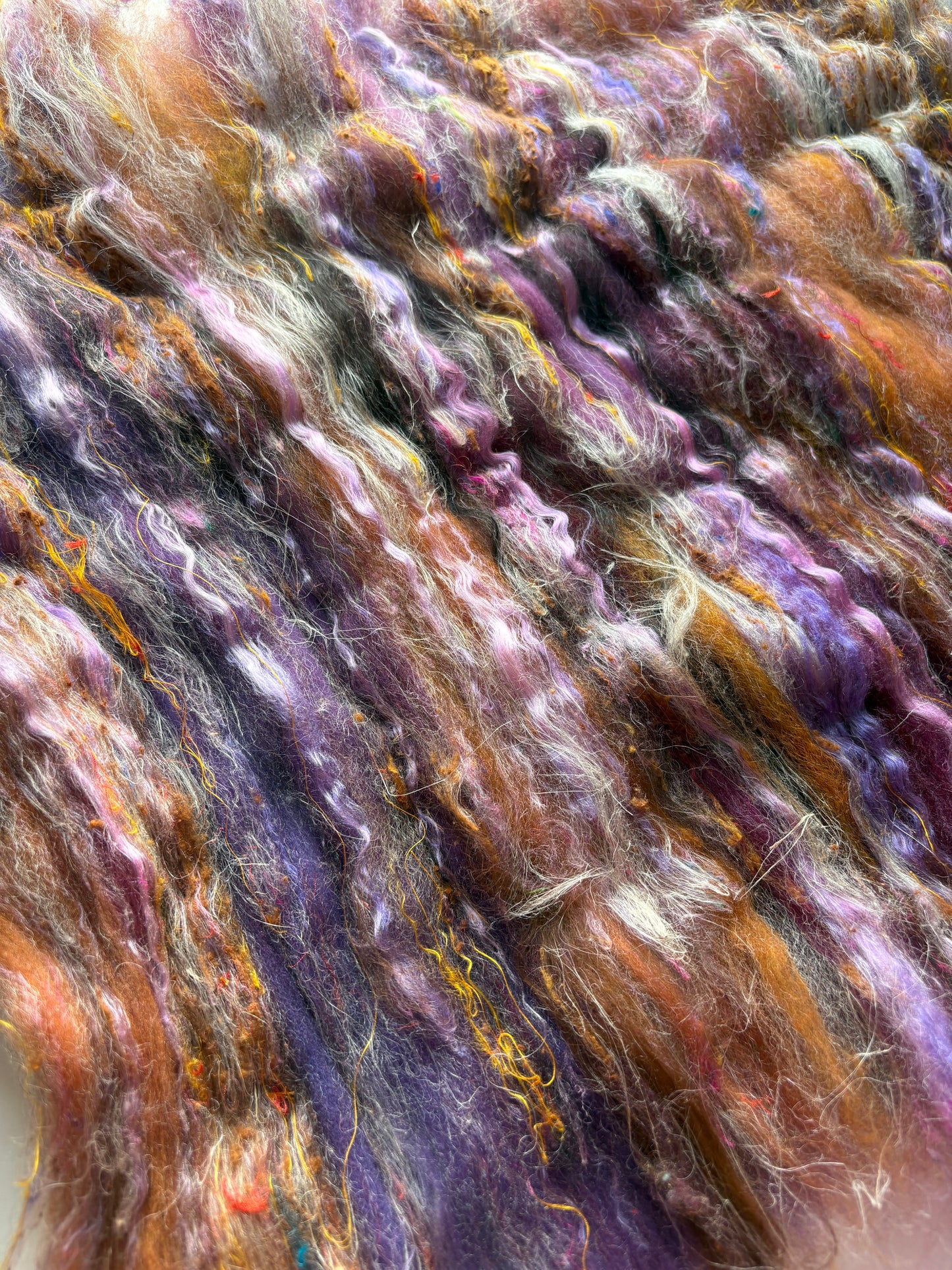 3oz chunky scrappy fiber art batt, alpaca wool sari silk waste mohair suri alpaca flax/hemp. multi colored