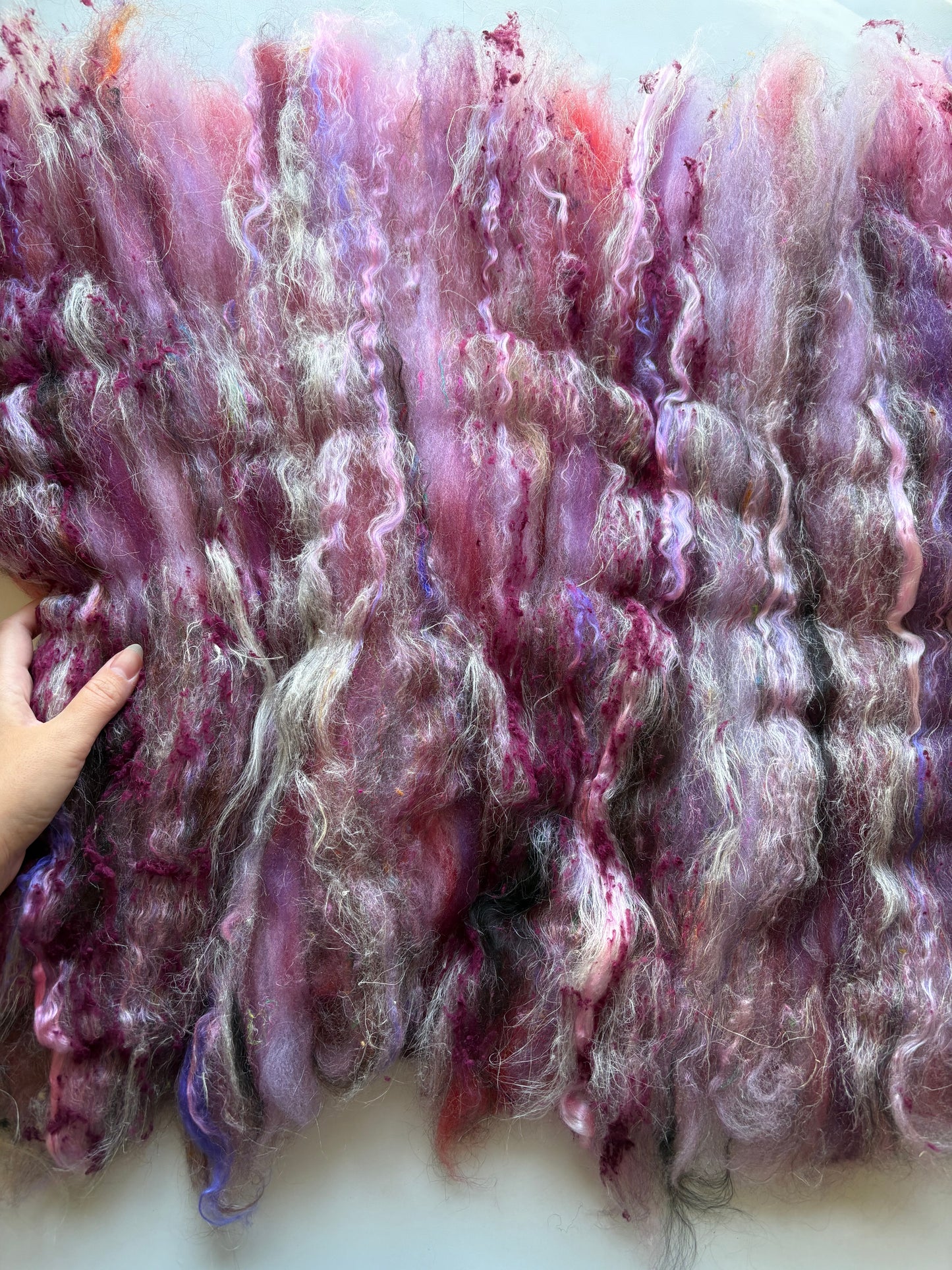 3oz chunky scrappy fiber art batt, alpaca wool sari silk waste mohair suri alpaca flax/hemp. multi colored