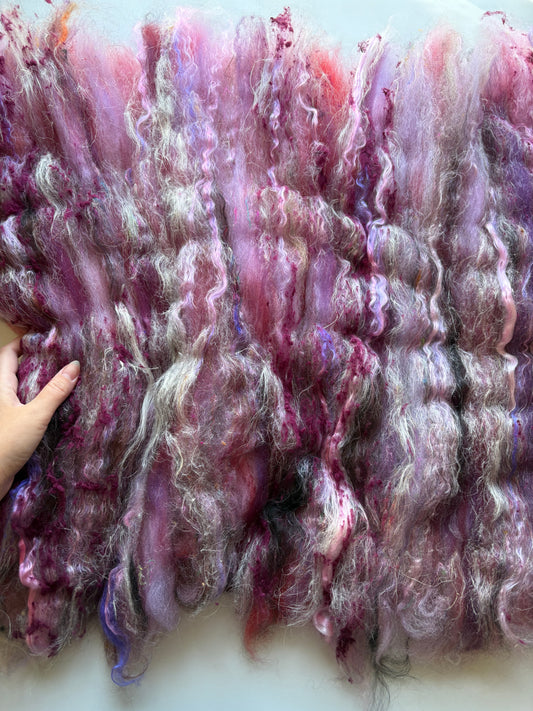 3oz chunky scrappy fiber art batt, alpaca wool sari silk waste mohair suri alpaca flax/hemp. multi colored