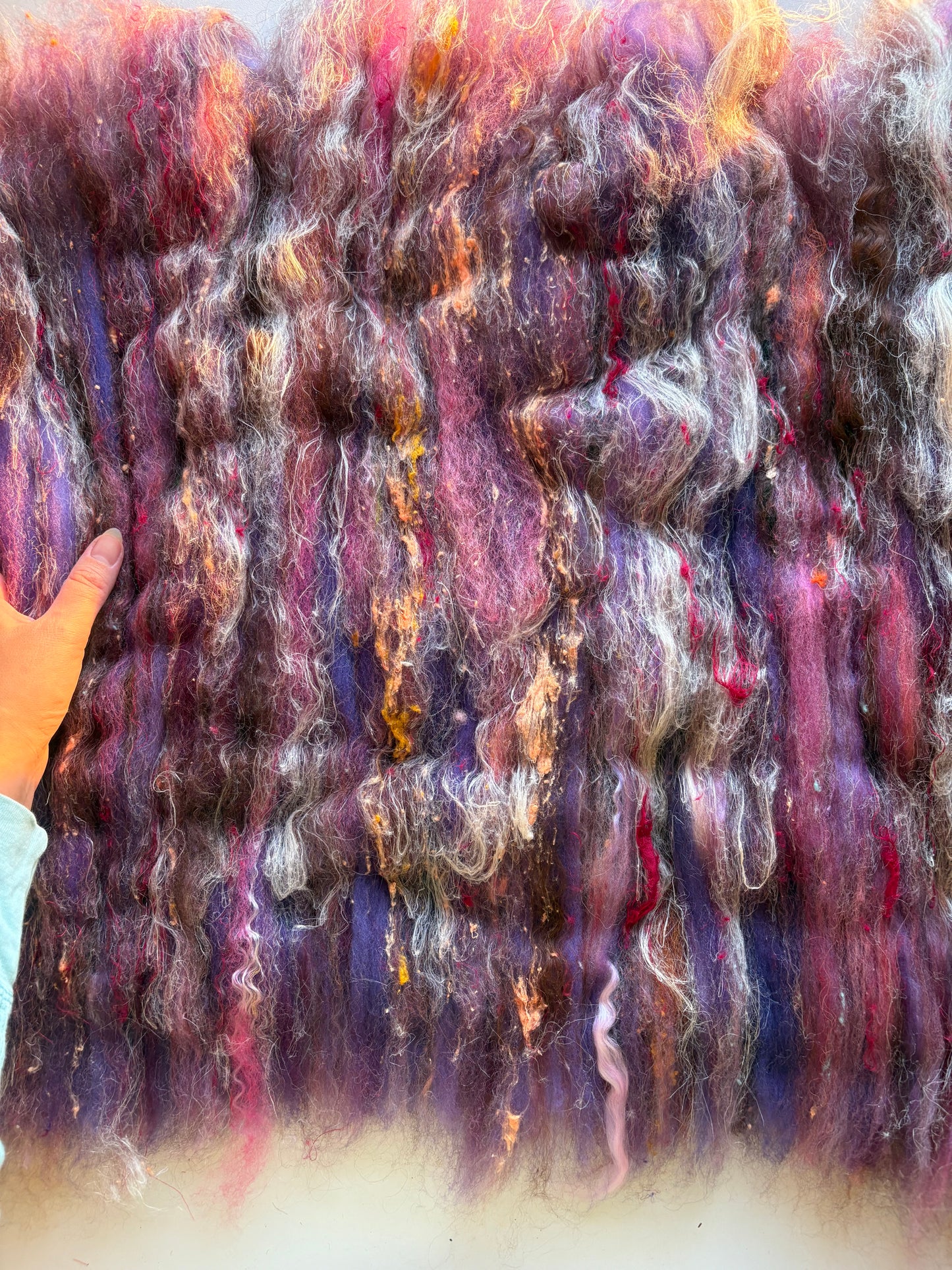 3oz chunky scrappy fiber art batt, alpaca wool sari silk waste mohair suri alpaca flax/hemp. multi colored