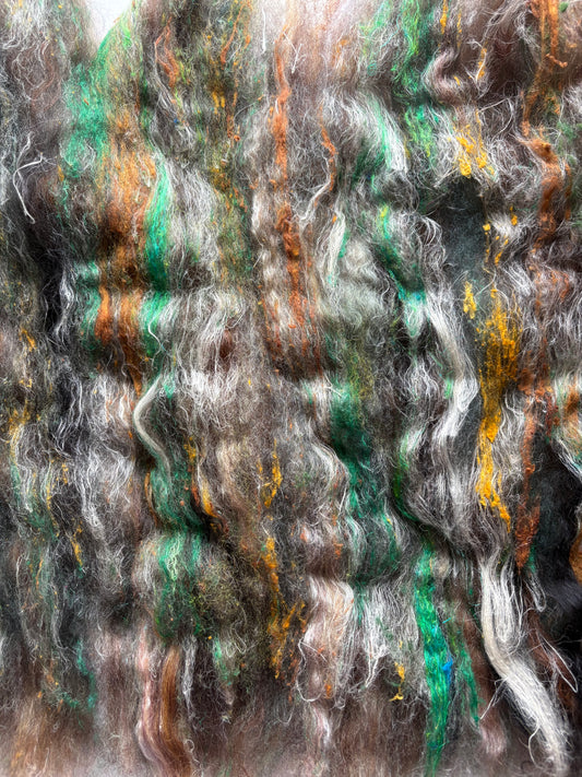 3oz chunky scrappy fiber art batt, alpaca wool sari silk waste mohair suri alpaca flax/hemp. multi colored