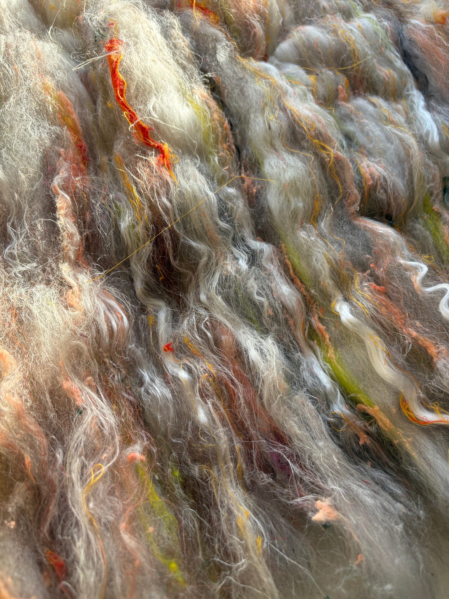 3oz chunky scrappy fiber art batt, alpaca wool sari silk waste mohair suri alpaca flax/hemp. multi colored