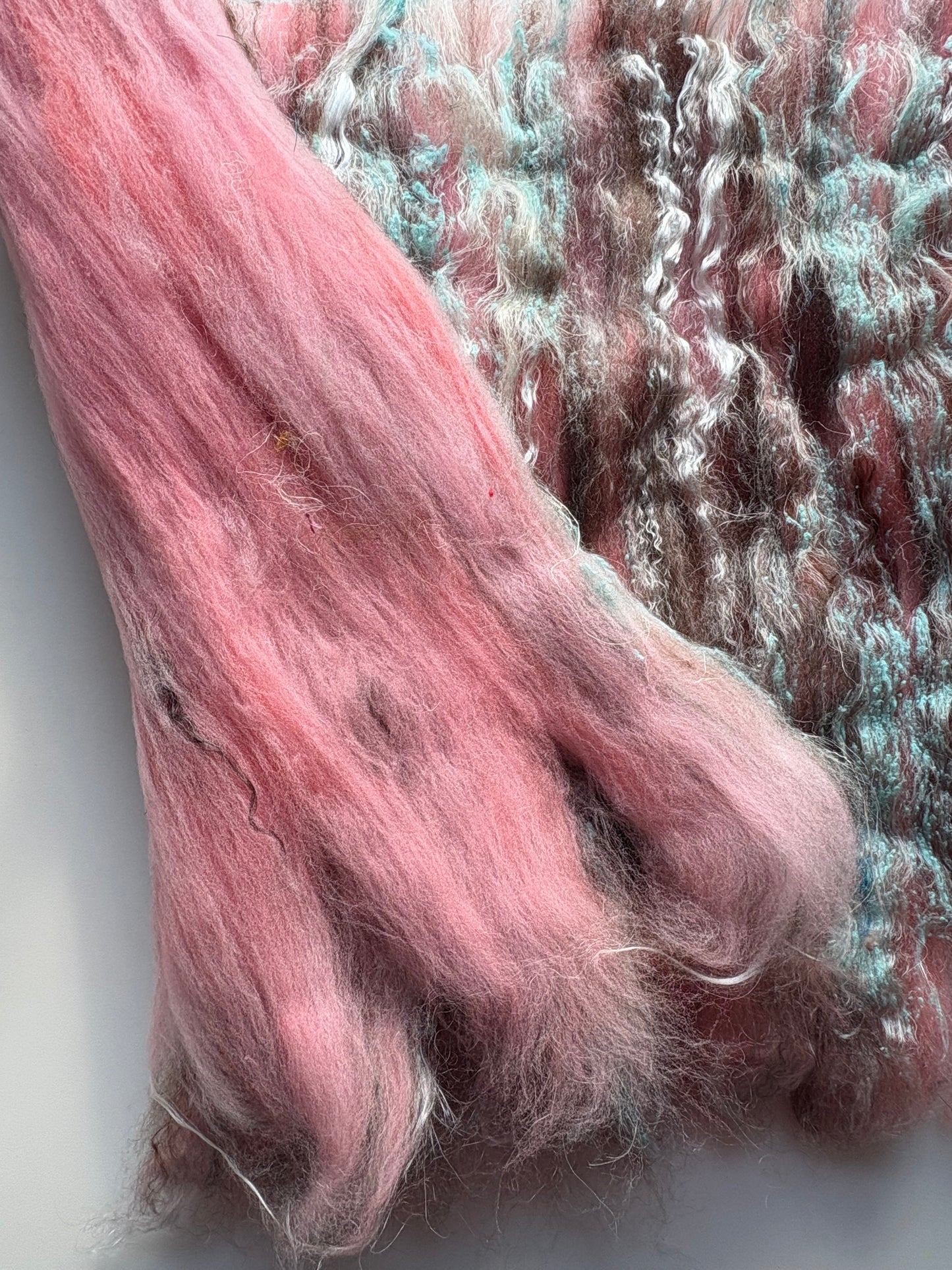 3oz chunky scrappy fiber art batt, alpaca wool sari silk waste mohair suri alpaca flax/hemp. multi colored