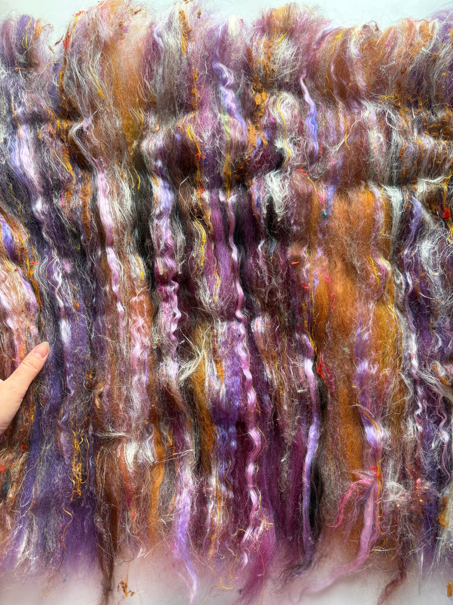 3oz chunky scrappy fiber art batt, alpaca wool sari silk waste mohair suri alpaca flax/hemp. multi colored