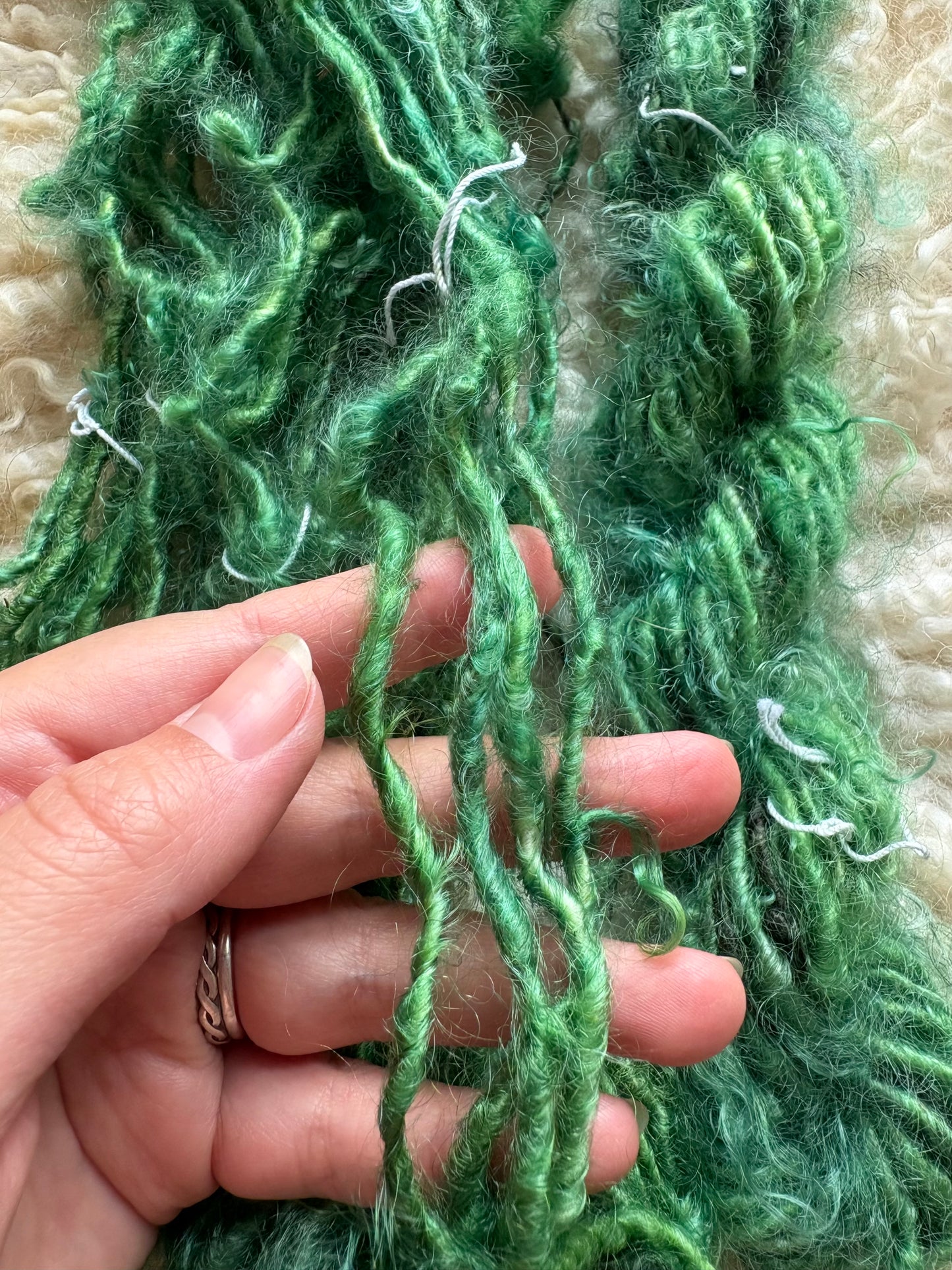 Single ply 100% yearling grade mohair coreless lock spun art yarn. Roughly 1.30oz 20 yards dyed from Castiel and Penelope SOFT