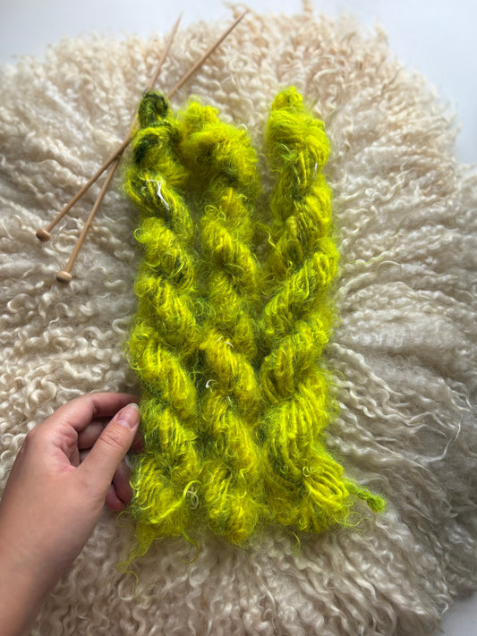 Single ply 100% yearling grade mohair coreless lock spun art yarn. Roughly 1.30oz 20 yards dyed from Castiel and Penelope SOFT