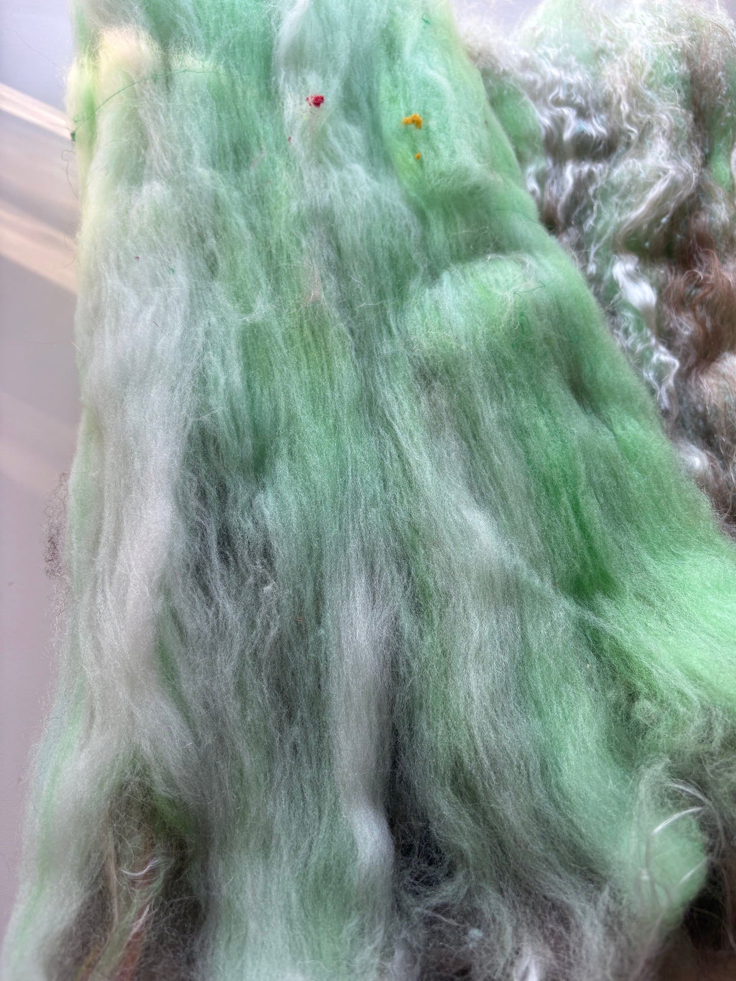 3oz chunky scrappy fiber art batt, alpaca wool sari silk waste mohair suri alpaca flax/hemp. multi colored