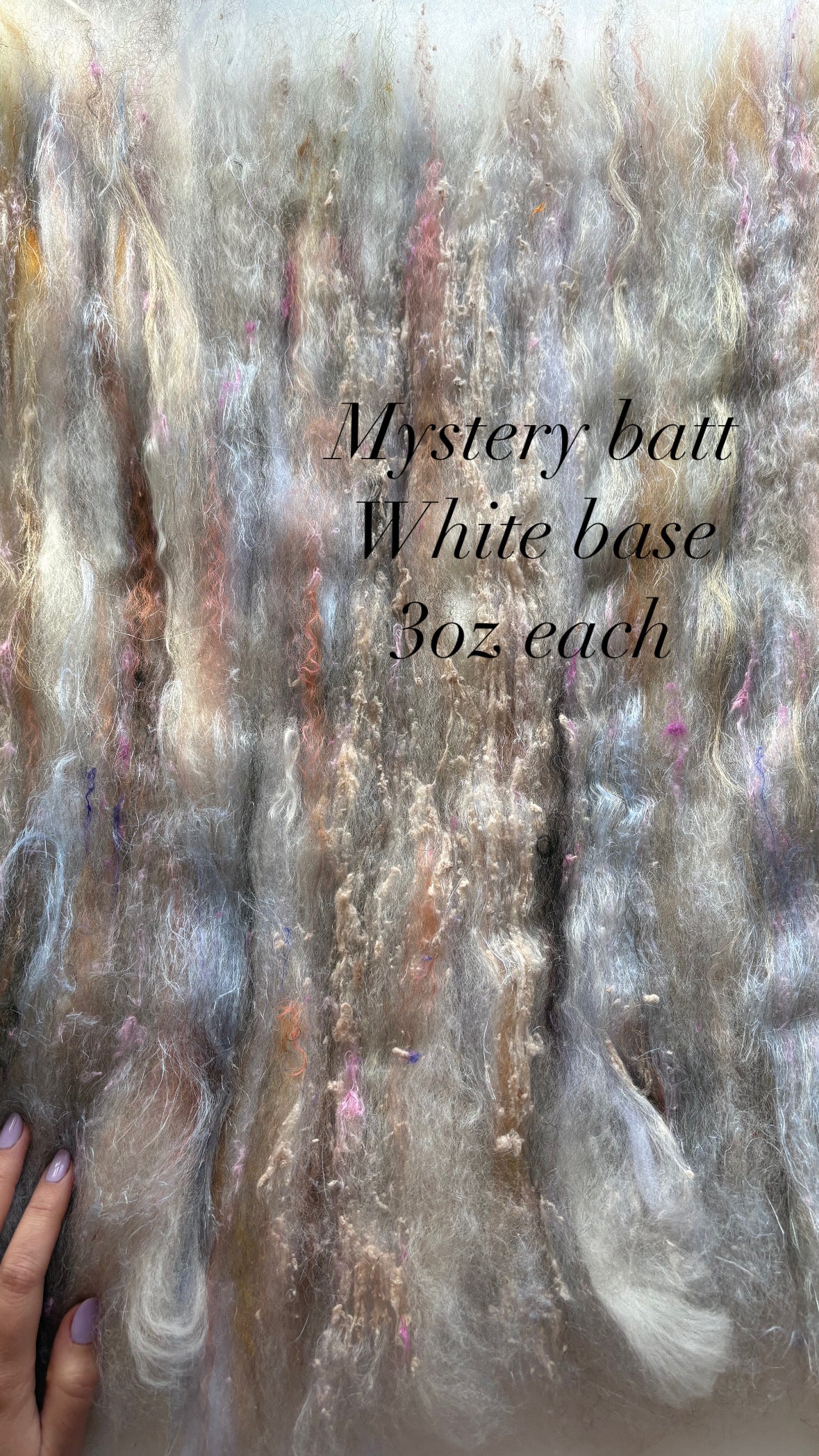 Mystery batt! 3oz chunky scrappy fiber art batt, alpaca wool sari silk waste mohair suri alpaca flax. White base+multi colored