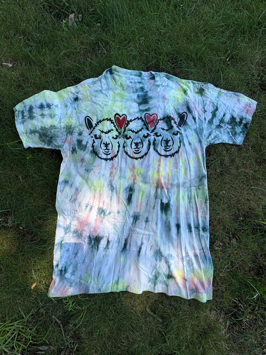 Spray painted alpaca T-Shirt. Men’s X-LARGE. 100% cotton. Stencil design. One-of-a kind tie dye
