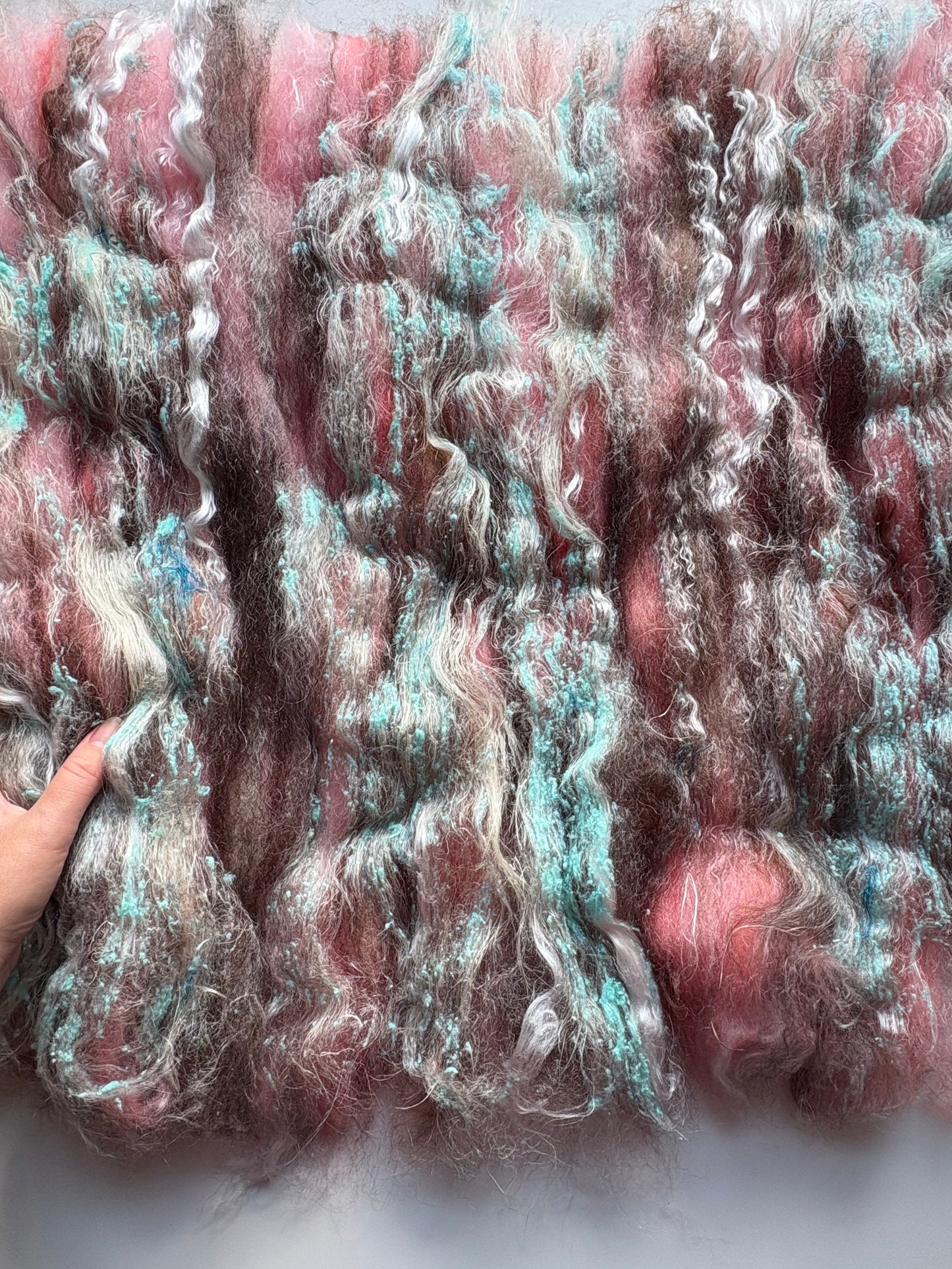 3oz chunky scrappy fiber art batt, alpaca wool sari silk waste mohair suri alpaca flax/hemp. multi colored