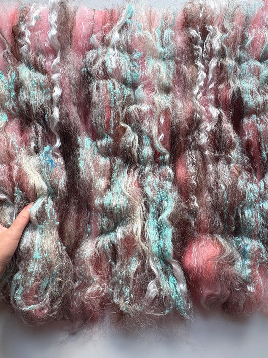 3oz chunky scrappy fiber art batt, alpaca wool sari silk waste mohair suri alpaca flax/hemp. multi colored